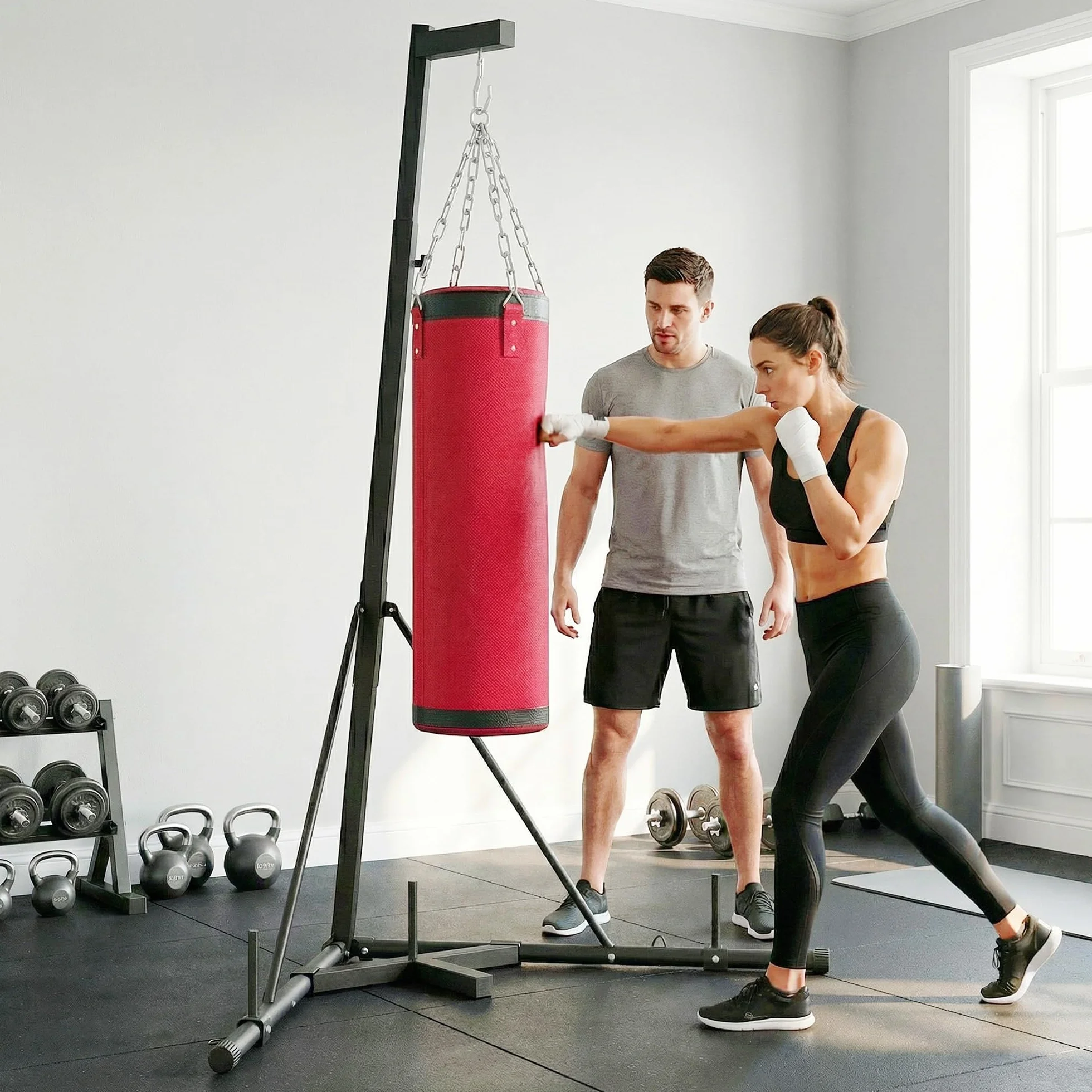 SPORTNOW Soporte para Saco de Boxeo de Pie de Acero, Soporte para Bolsa de Boxeo con Altura Ajustable 175–220 cm y 185–231 cm, Base Pesada y Bolsa de Arena, Entrenamiento para MMA, Gimnasio en Casa