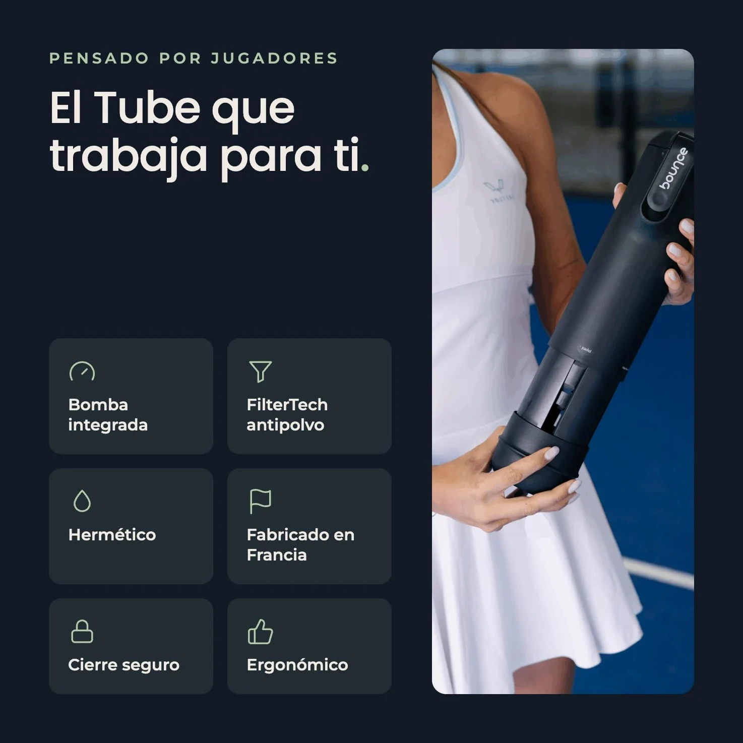 Bounce Tube FilterTech - Presurizador de Pelotas de Pádel | Vida Útil x5 – Estanqueidad Reforzada 3 Semanas – Bomba Integrada Patentada – Made in France