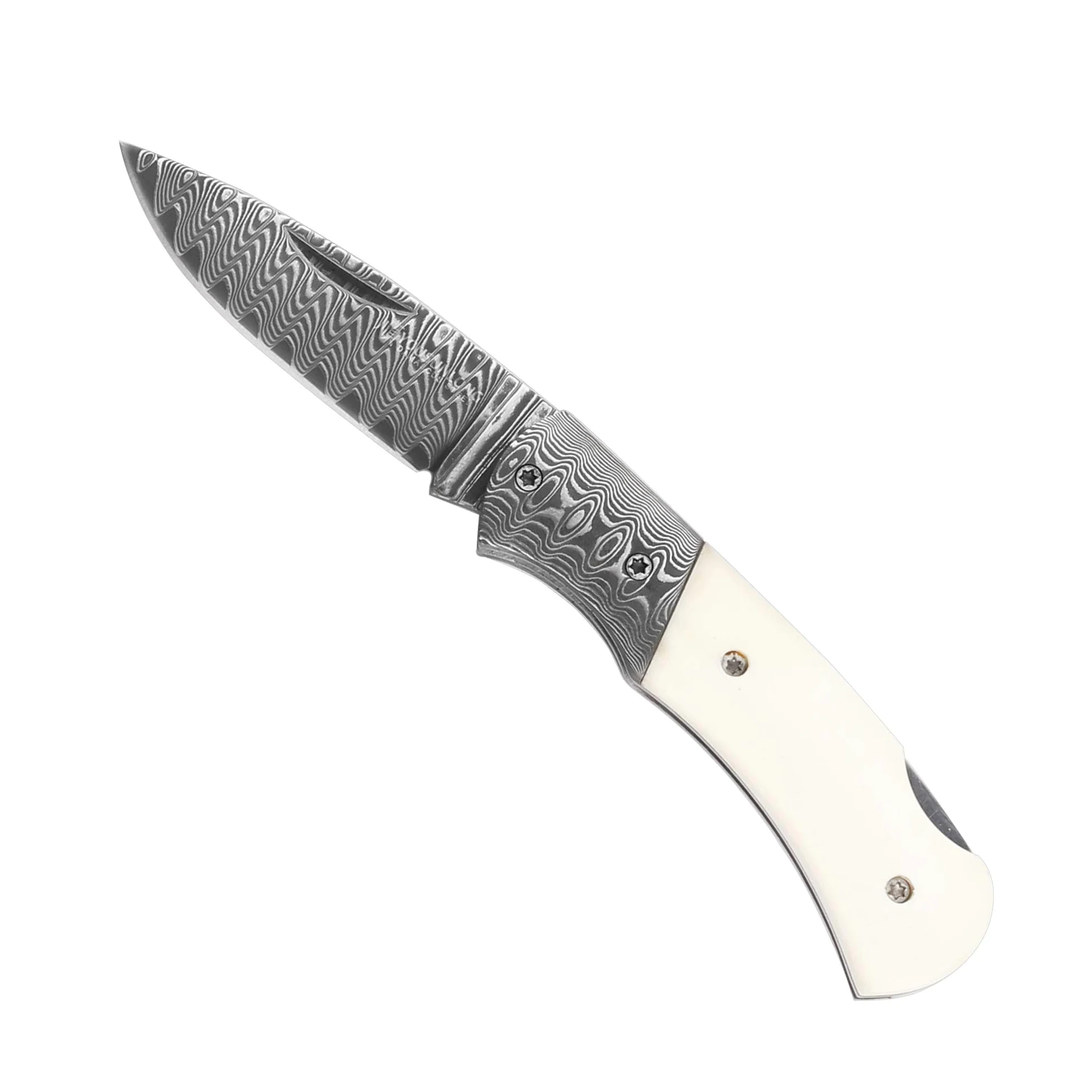 YOUSUNLONG Navaja de bolsillo y navaja 140mm - hoja de acero damasco - mango de hueso de toro