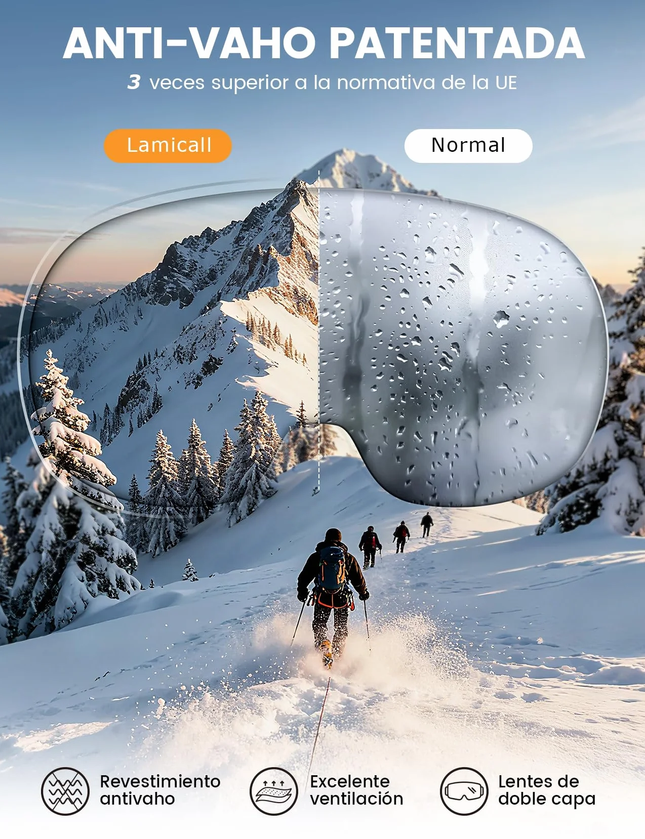 Lamicall Gafas de Esquí Hombre, Gafas Ski OTG HD Lente Esférica Antivaho Patentado UV400 Protección