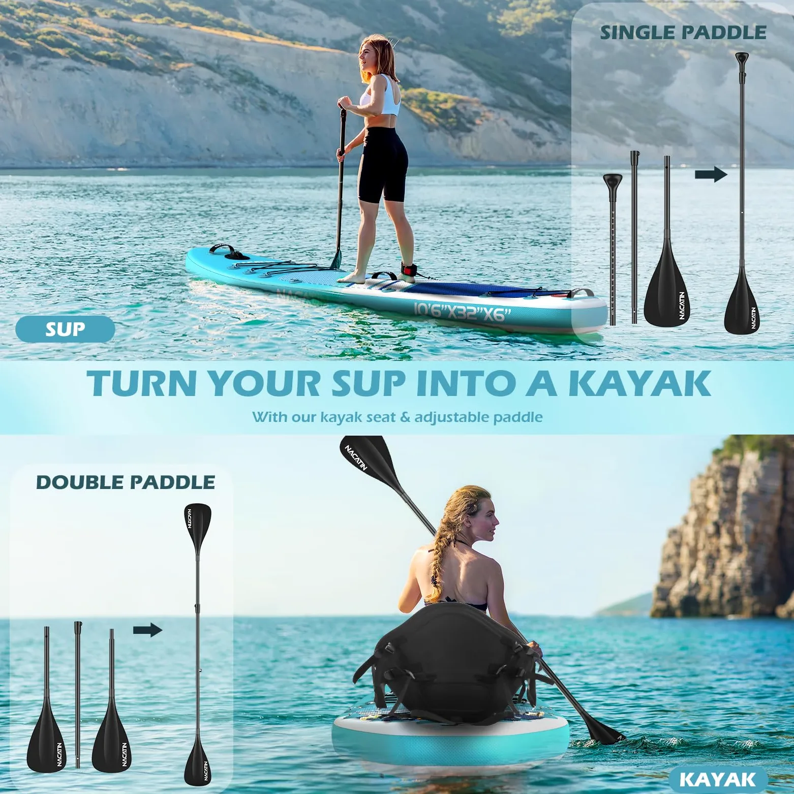 NACATIN - Tableros hinchables de 10'6" con Remo Ajustable Mochila de Viaje, Bomba, Bolsa Impermeable de 10L, Correa, Accesorios incluidos