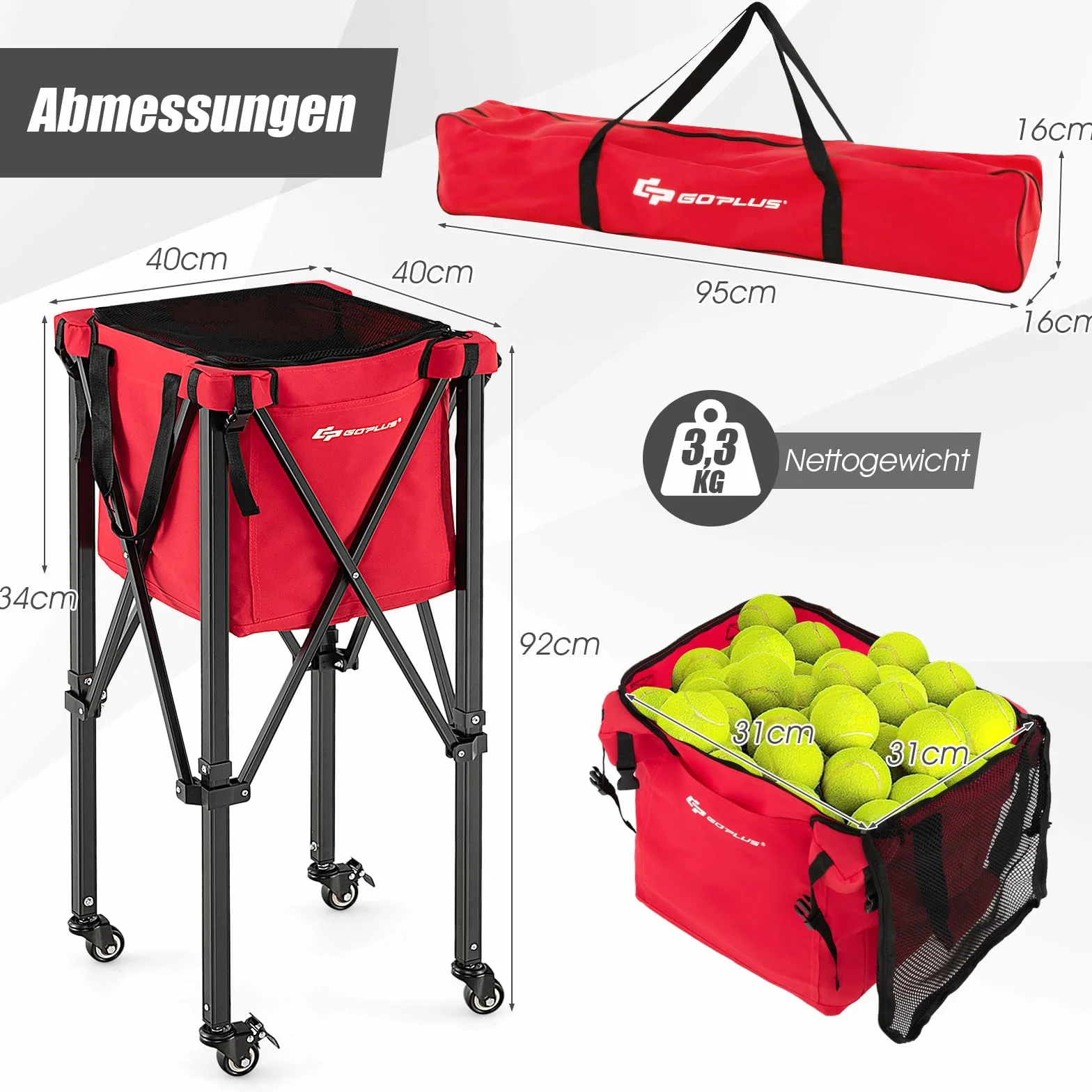 GOPLUS Carro de tenis plegable, carrito de pelotas portátil con bolsa de transporte, carrito de pelotas de tenis de aluminio y tela Oxford, soporta hasta 30 kg, cesta para pelotas de tenis, bádminton