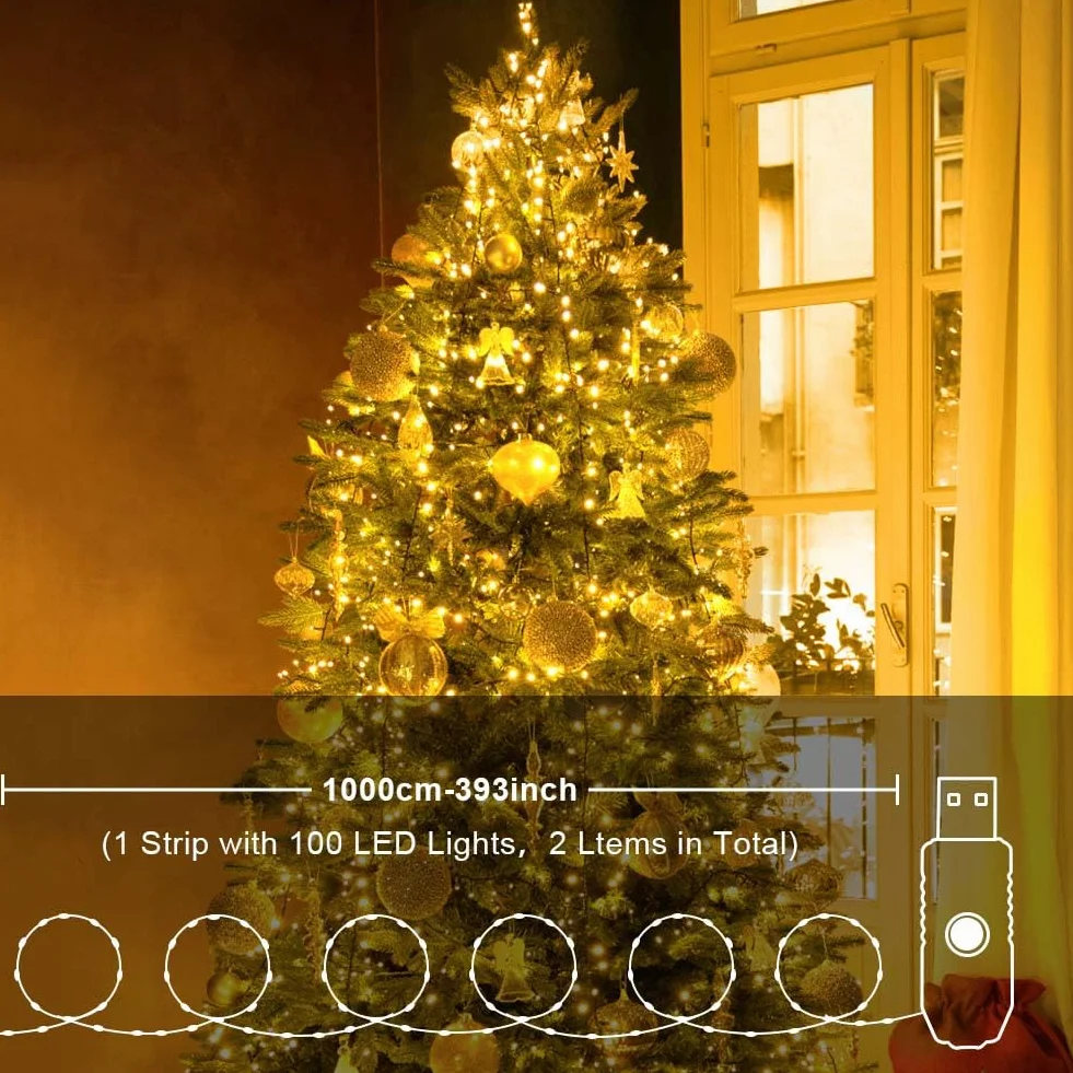 Vicloon Cadena de luces LED USB 10 m 100 LED 2 unidades mando a distancia 8 modos temporizador