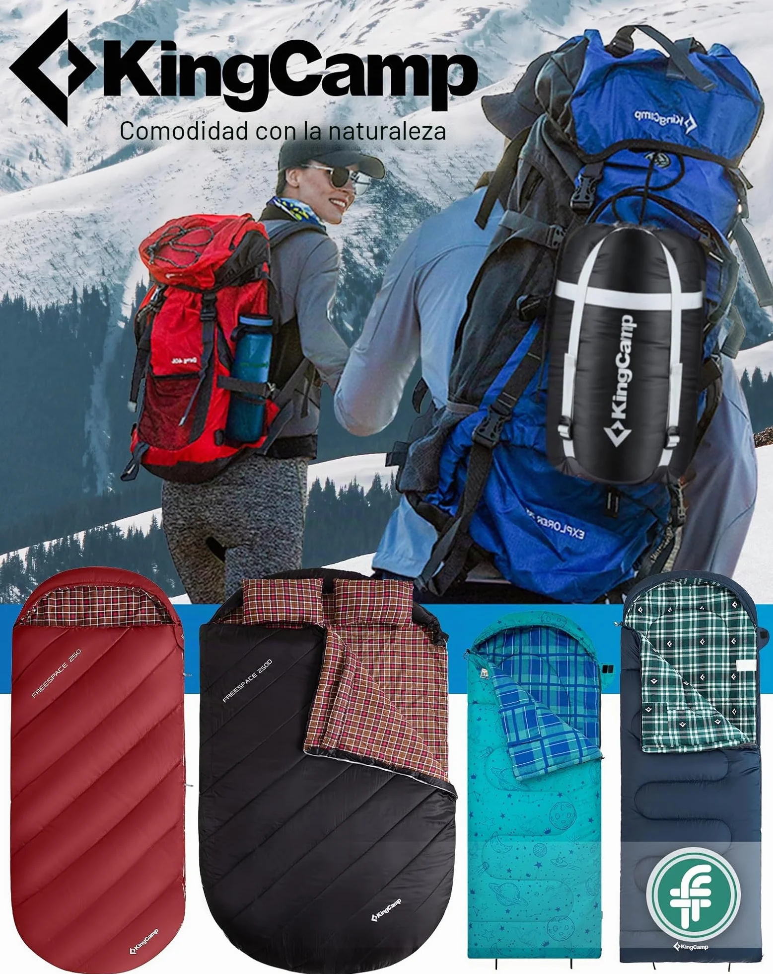 KingCamp Saco de Dormir XXL de Franela de Algodón para Adultos, Saco de Dormir Grande de Invierno para Camping 4 Estaciones, Viajes y Actividades al Aire Libre, 220x100cm