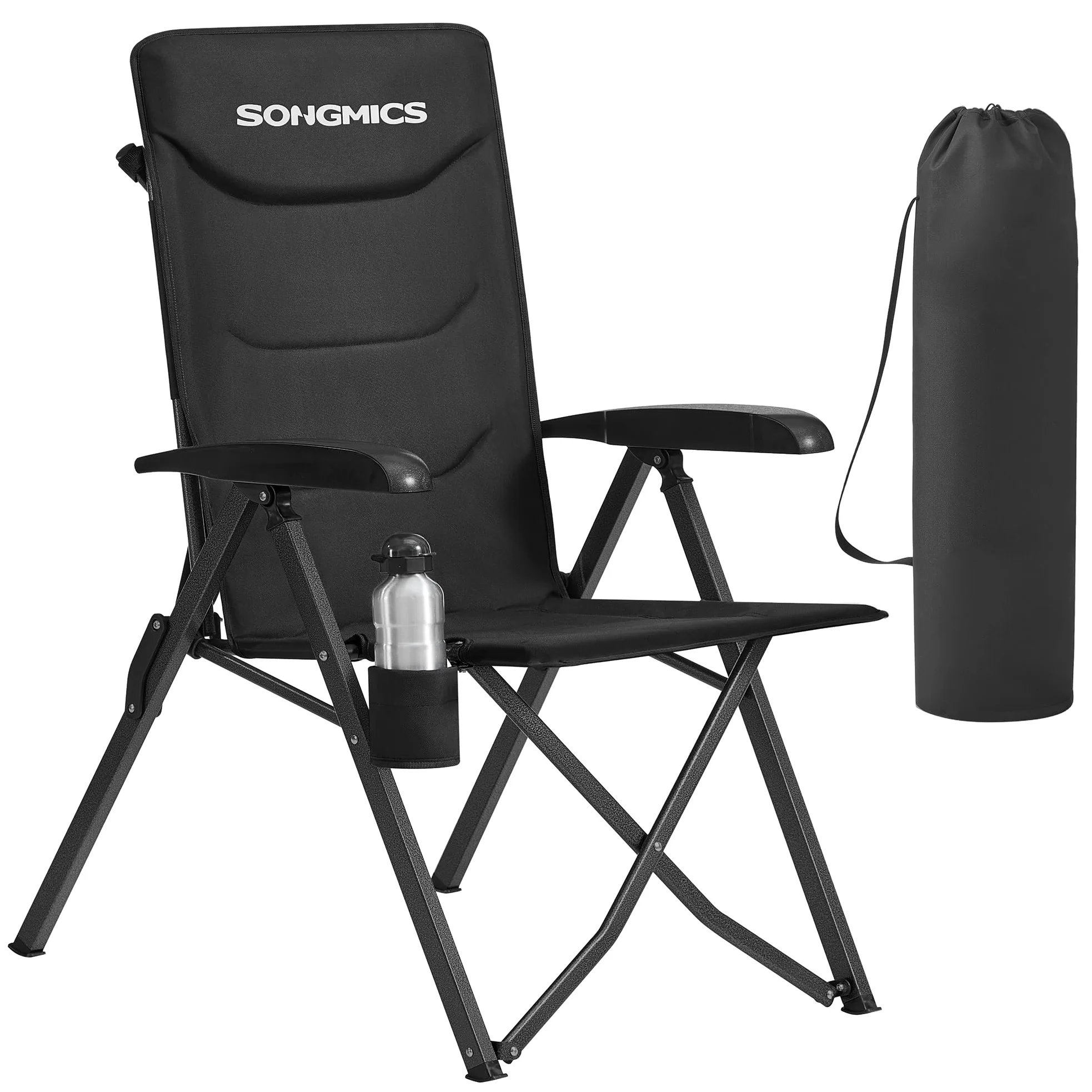 SONGMICS Silla de Camping para Adultos, Reclinable 95°-150°, Plegable, Respaldo Alto Ajustable, con Portavasos y Bolsa con Correa para el Hombro, Jardín, Pícnic, Pesca, Negro GCB015BZ01