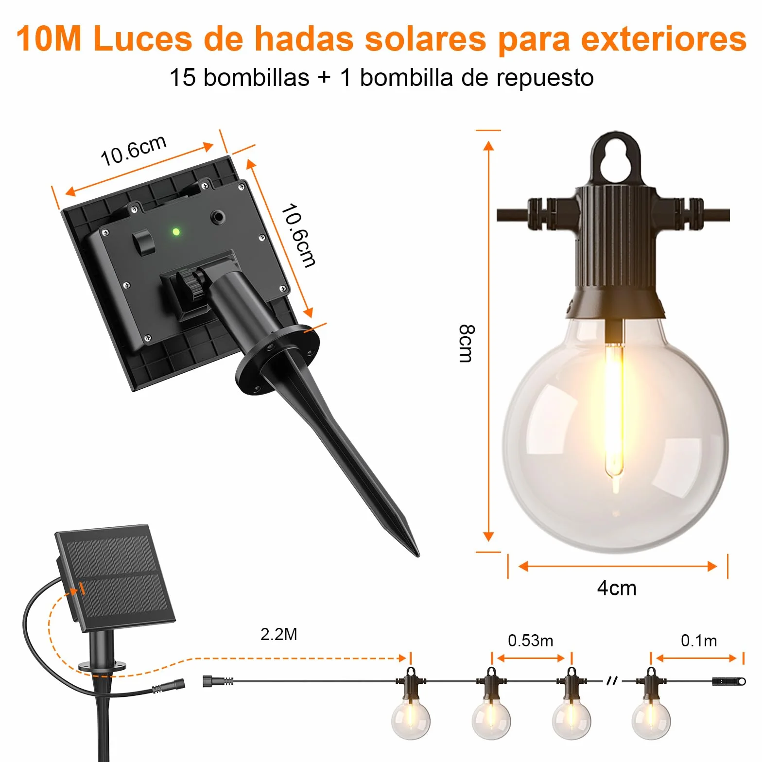 Kawaya Guirnaldas Luces Exterior Solar 10M Cadena LED USB Recargable 15+1 Bombillas G40 Blanca Cálida