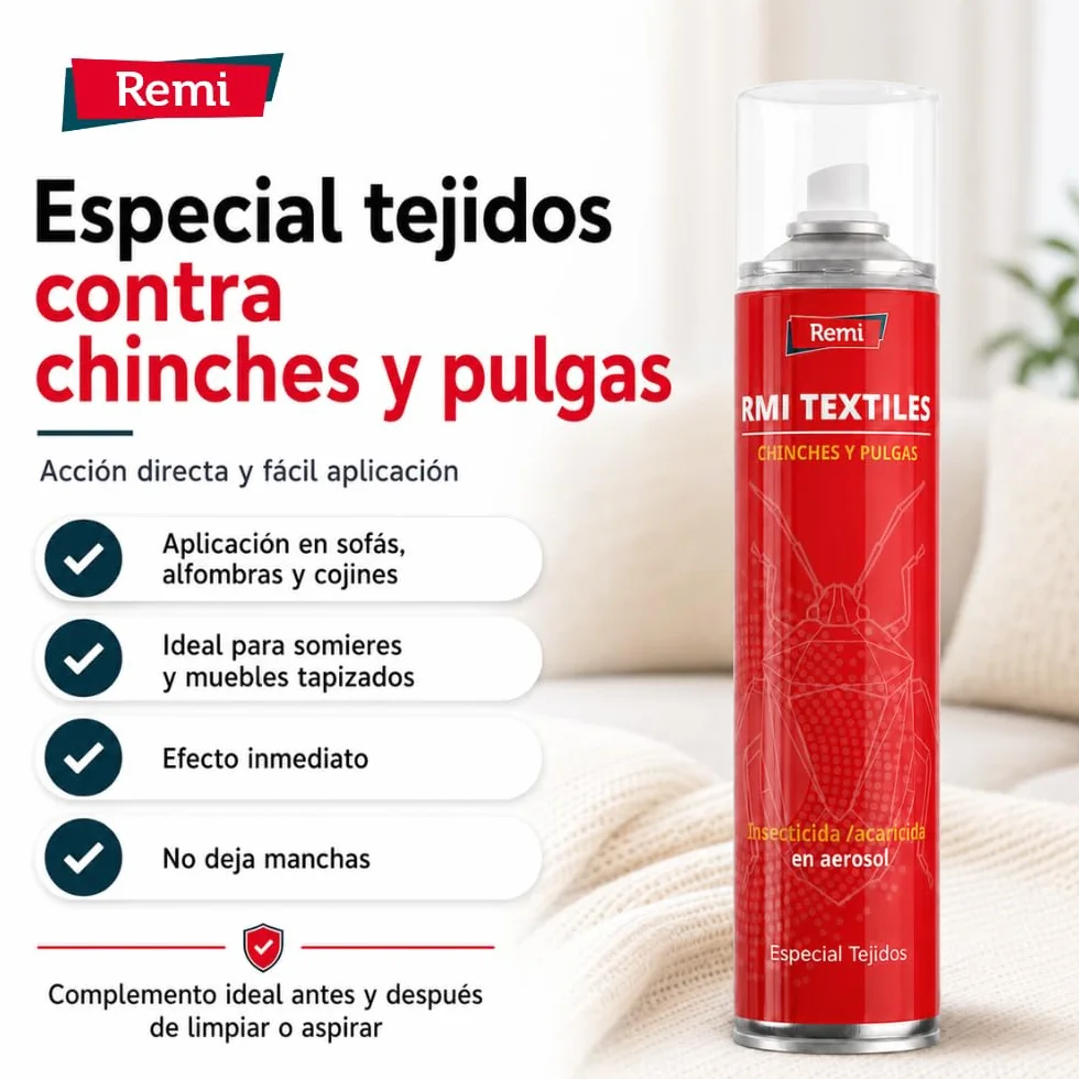 Remi Hogar Spray Anti Chinches y Pulgas Insecticida Aerosol Repelente Especial Tejidos