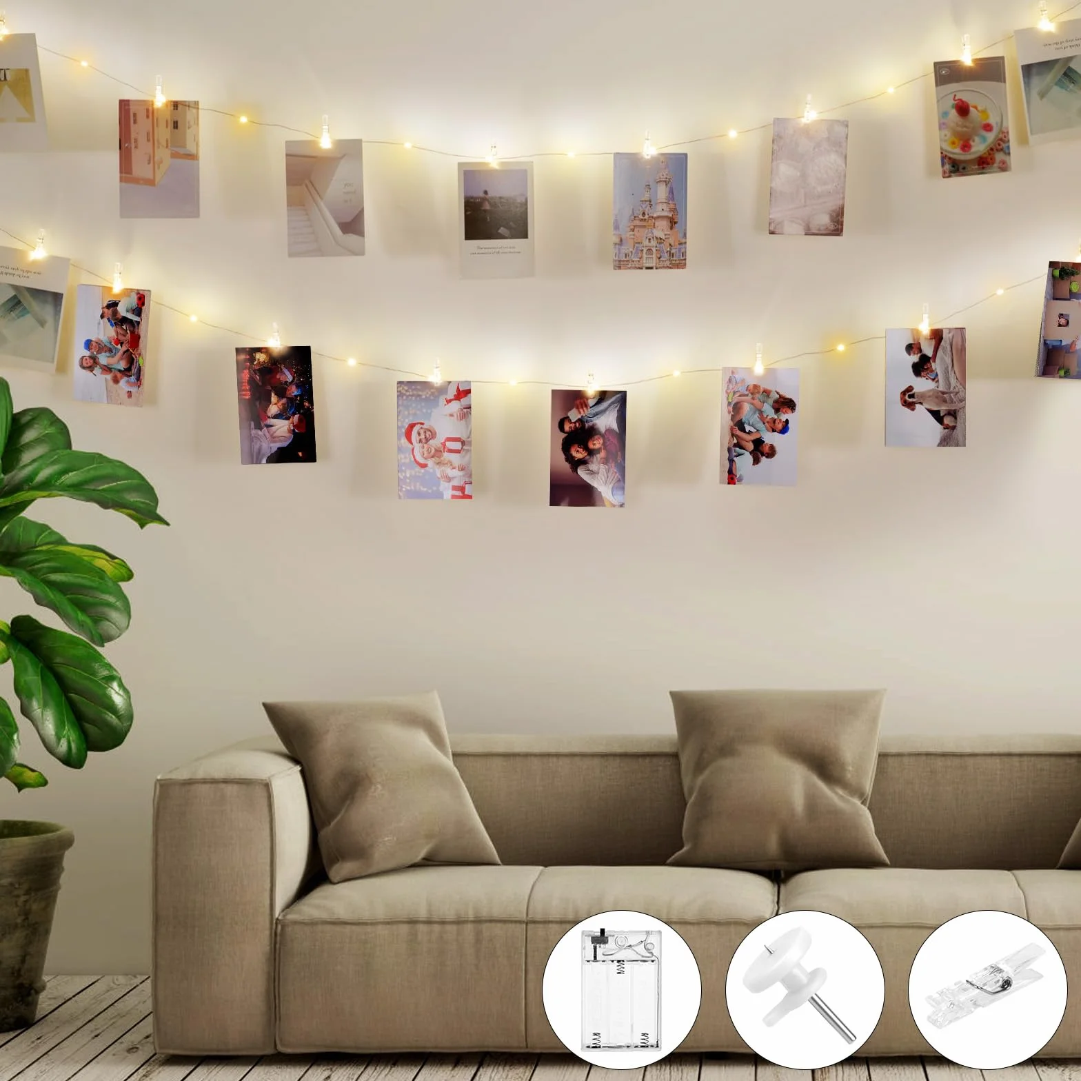 Clip Cadena de Luces LED 10M 100LED Batería 60Pinzas Transparentes Decoración Pared Dormitorio Fiesta Navidad