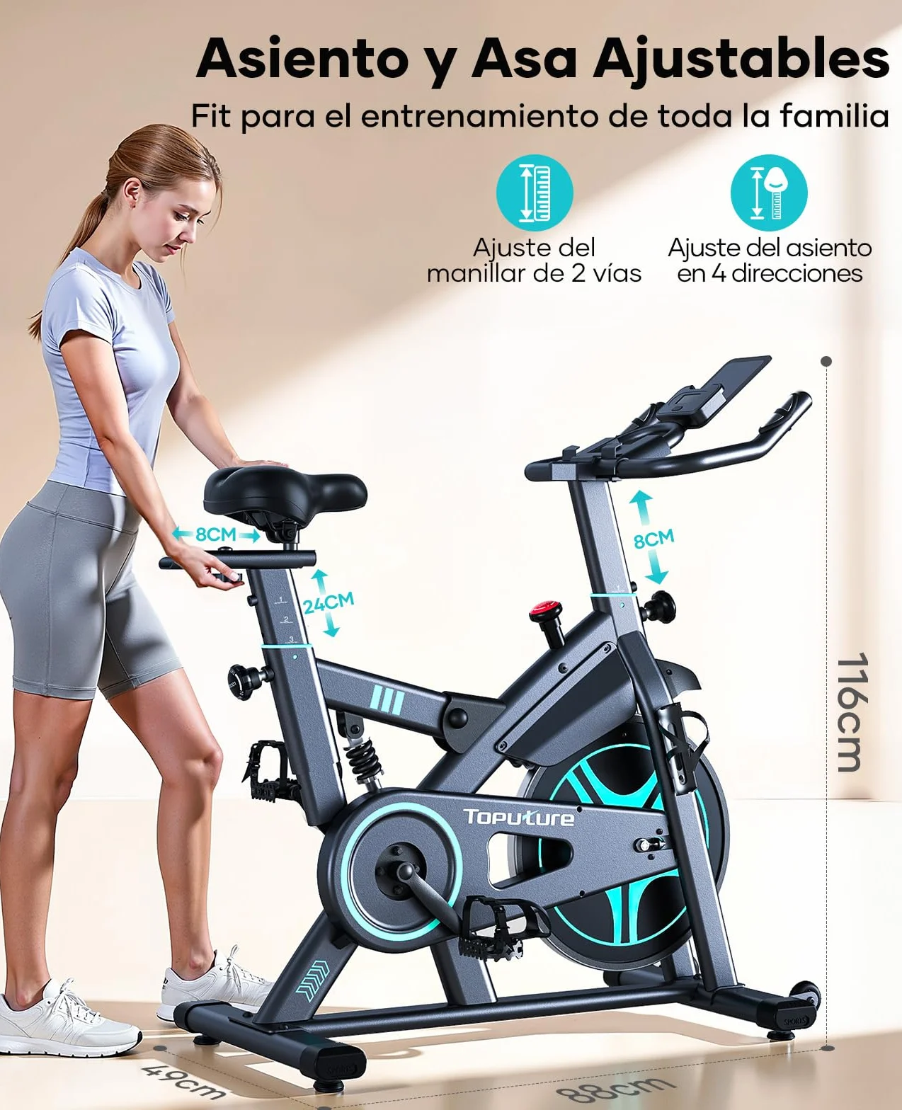 Toputure Bicicleta Estática para Uso DoméStico con APP y Volante 15KG, Muelle Amortiguado para Absorción de Impactos, Bicicleta de Spinning Magnética para Interior, Fitness y Cardio en Casa, MAX 160KG