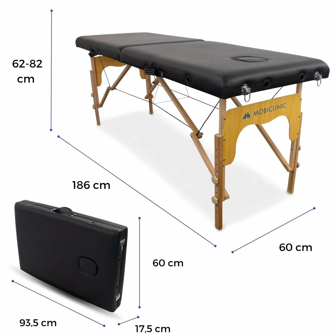 Mobiclinic Camilla de Masaje Plegable CM-01 Basic Profesional Portátil Madera 180x60 cm Negra