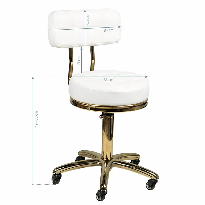 ACTIVESHOP Taburete cosmético con ruedas, altura regulable y respaldo blanco dorado AM-961