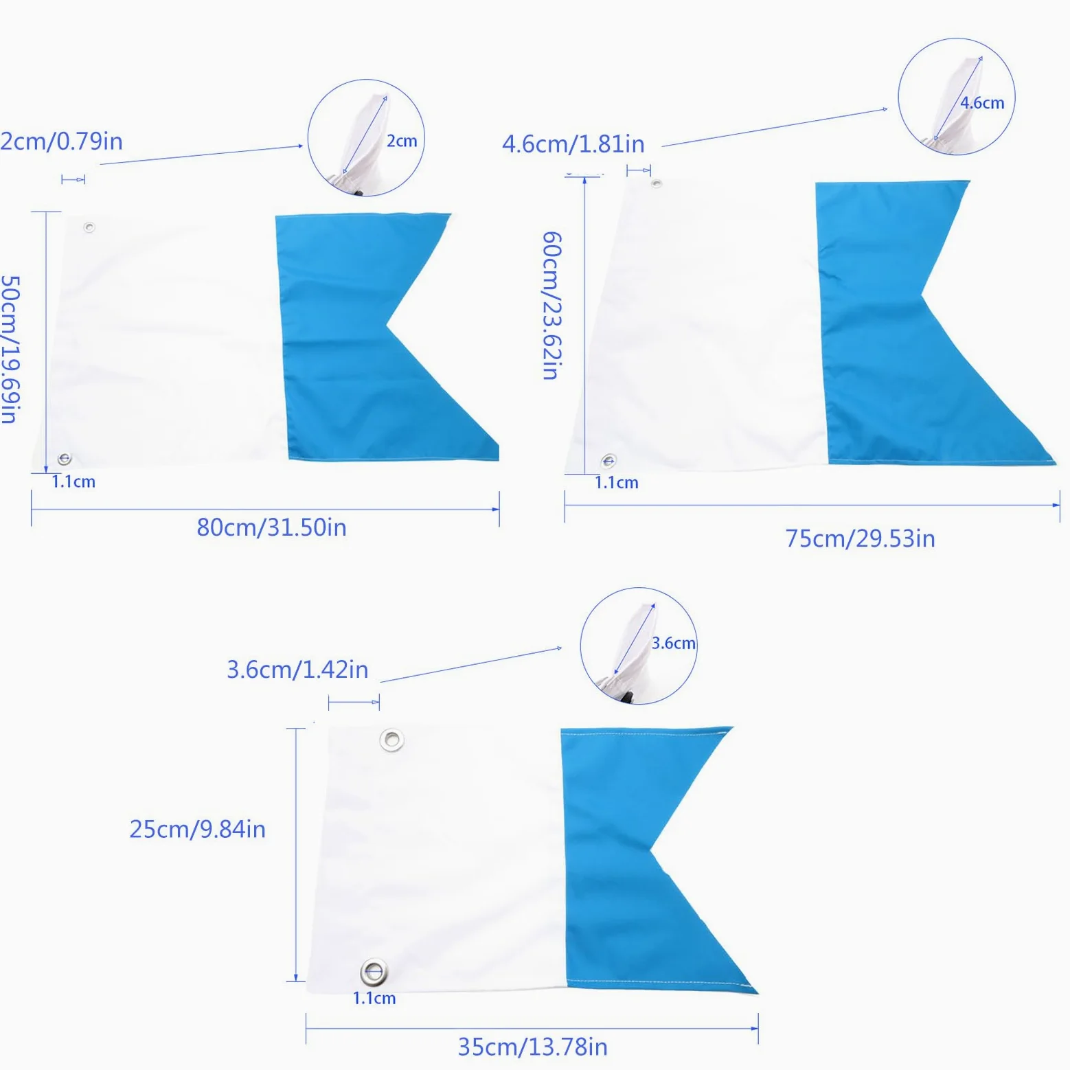 Generisch Set de banderas flotantes de buceo, 35 x 25 cm, 75 x 60 cm, 80 x 50 cm, tamaño azul y blanco, para actividades marinas y seguridad en la piscina, bandera de seguridad para snorkel