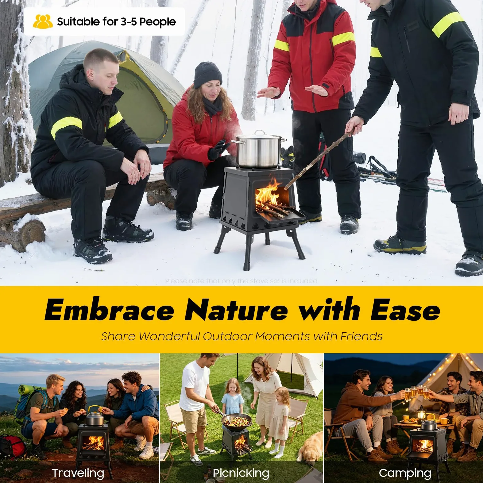 Estufa de leña portátil para tienda de campaña, estufa de camping multifunción con 16 ventilaciones, ultraligera, calefacción y cocina al aire libre, estufa compacta perfecta para senderismo picnic 3