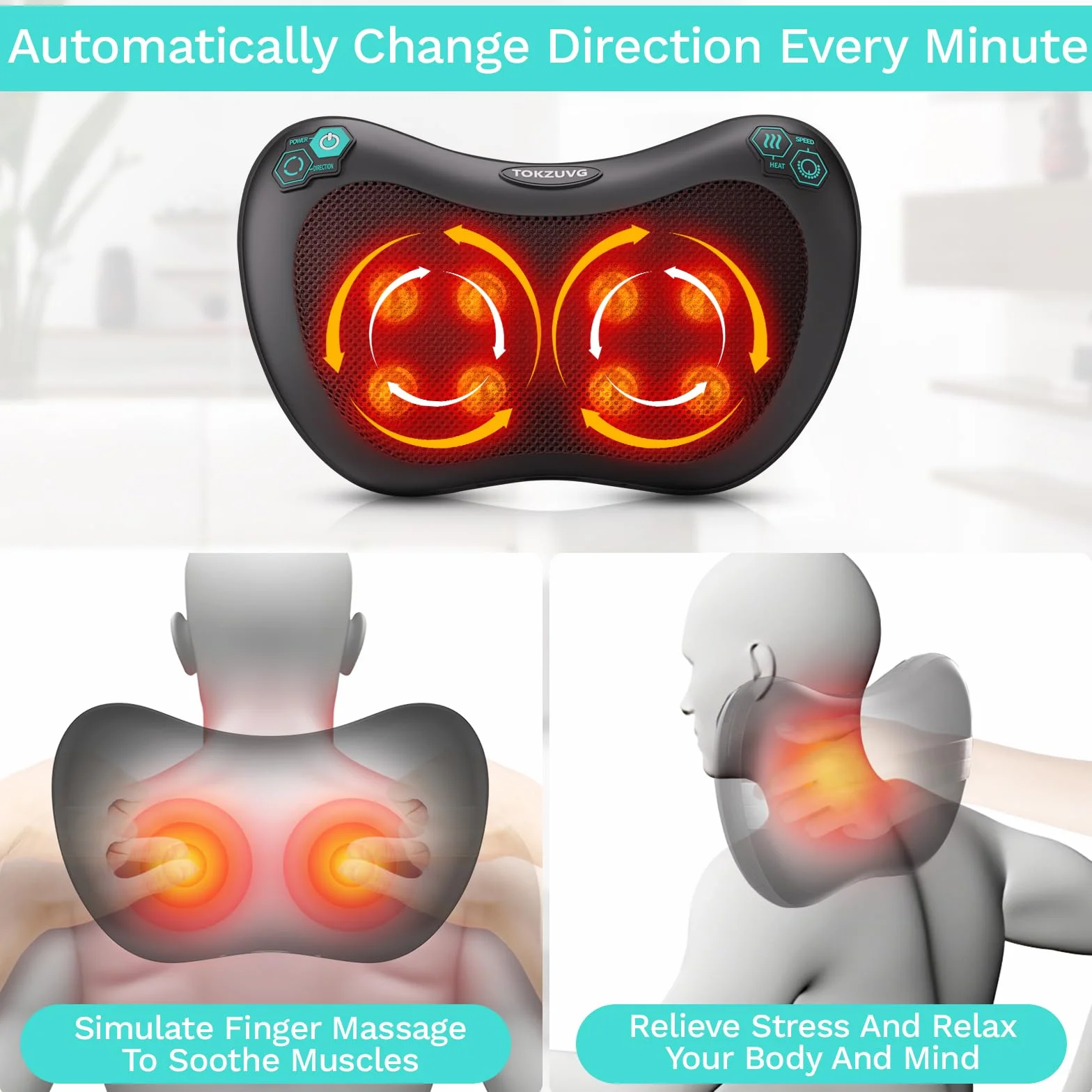 TAKRINK Cojín Masaje Shiatsu 8 nudos 3 Velocidades Ajustable Rotación dos Direcciones