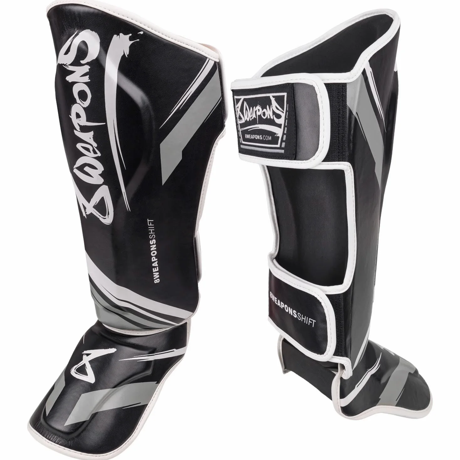 8 WEAPONS Espinilleras Shift, color blanco y negro, entrenamiento y competición, piel sintética de alta calidad y amortiguación perfecta, Muay Thai, K1, MMA, karate y kickboxing