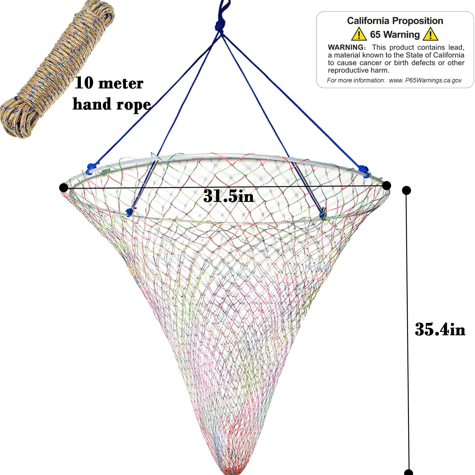 Red de pesca de puente y muelle, diseño resistente para peces grandes, red de pesca portátil con cuerda, aro de acero suave grueso, red colorida de doble línea, cuerda y bolsa de