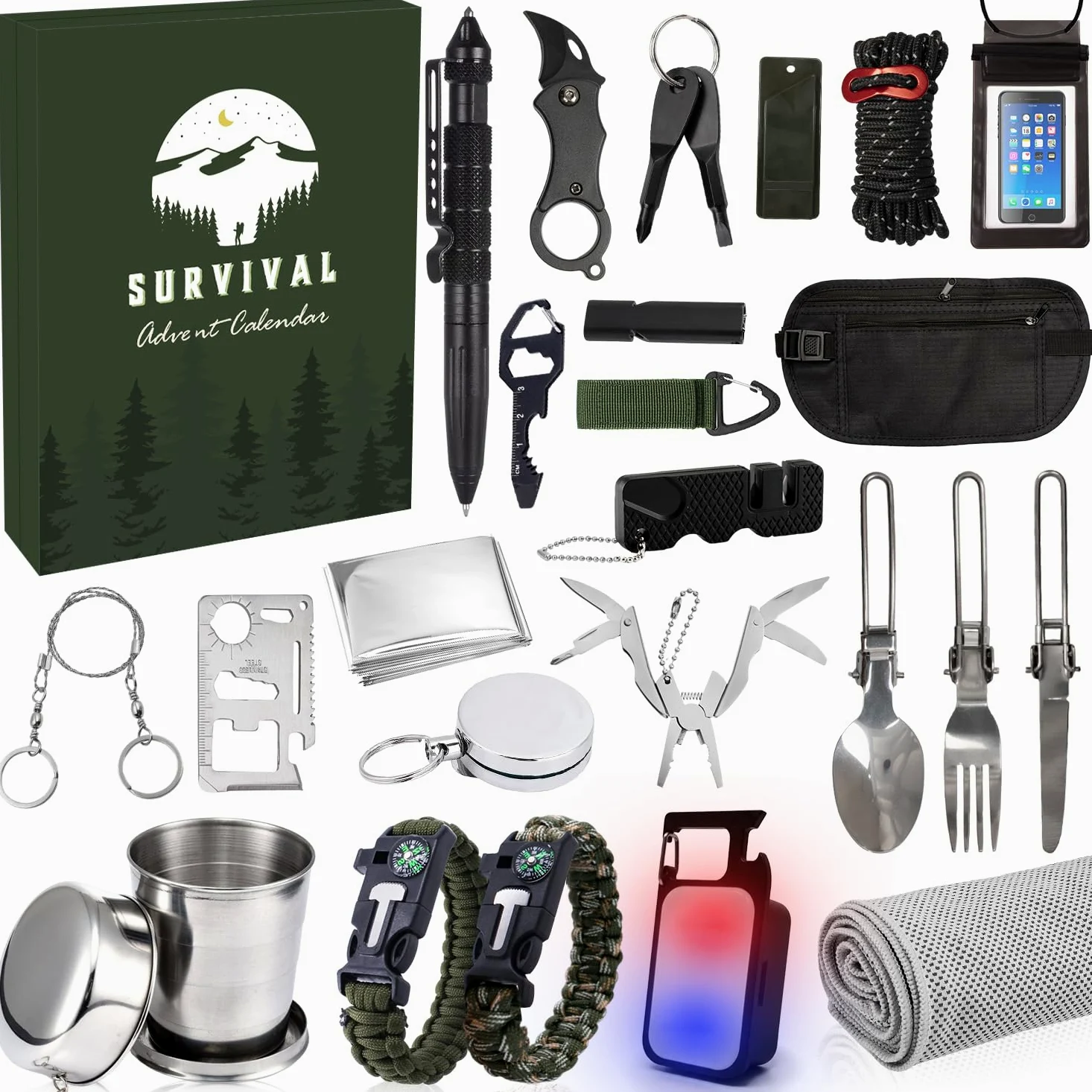 Calendario de Adviento 2025 Hombres, 24 PCS Kit de Herramientas de Supervivencia, Kit de Supervivencia para Acampada, Regalo Navidad Calendario Adviento para Adultos y Adolescentes