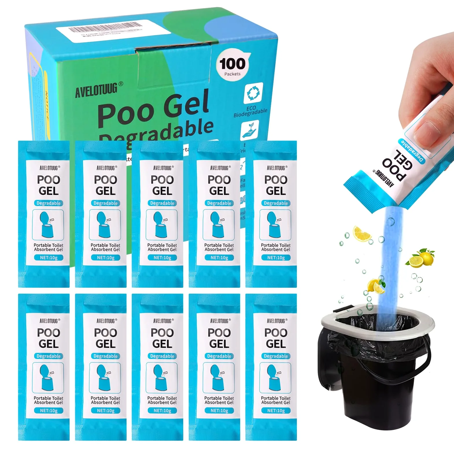 Gel absorbente de inodoro portátil, paquete de 100 unidades de gel para inodoro de camping, residuos sólidos y orina, gel ecológico para recreación al aire libre, senderismo, tratamiento desodorizante