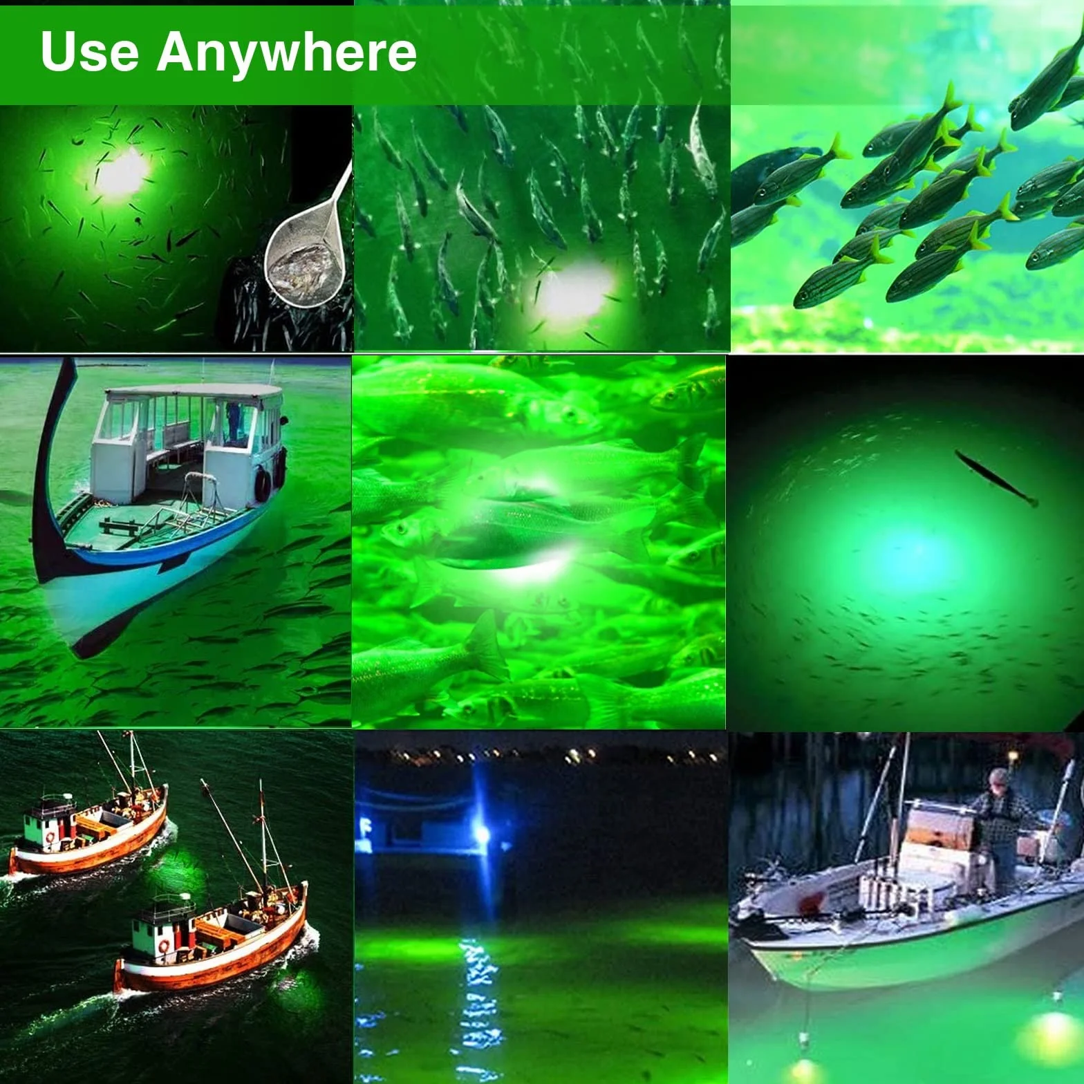 Luz de pesca submarina superbrillante de 80W 9600 lúmenes, impermeable IP68, alliage d'aluminium durable, para pesca nocturna, señuelo y cebo para barco, kayak y muelle (luz verde)