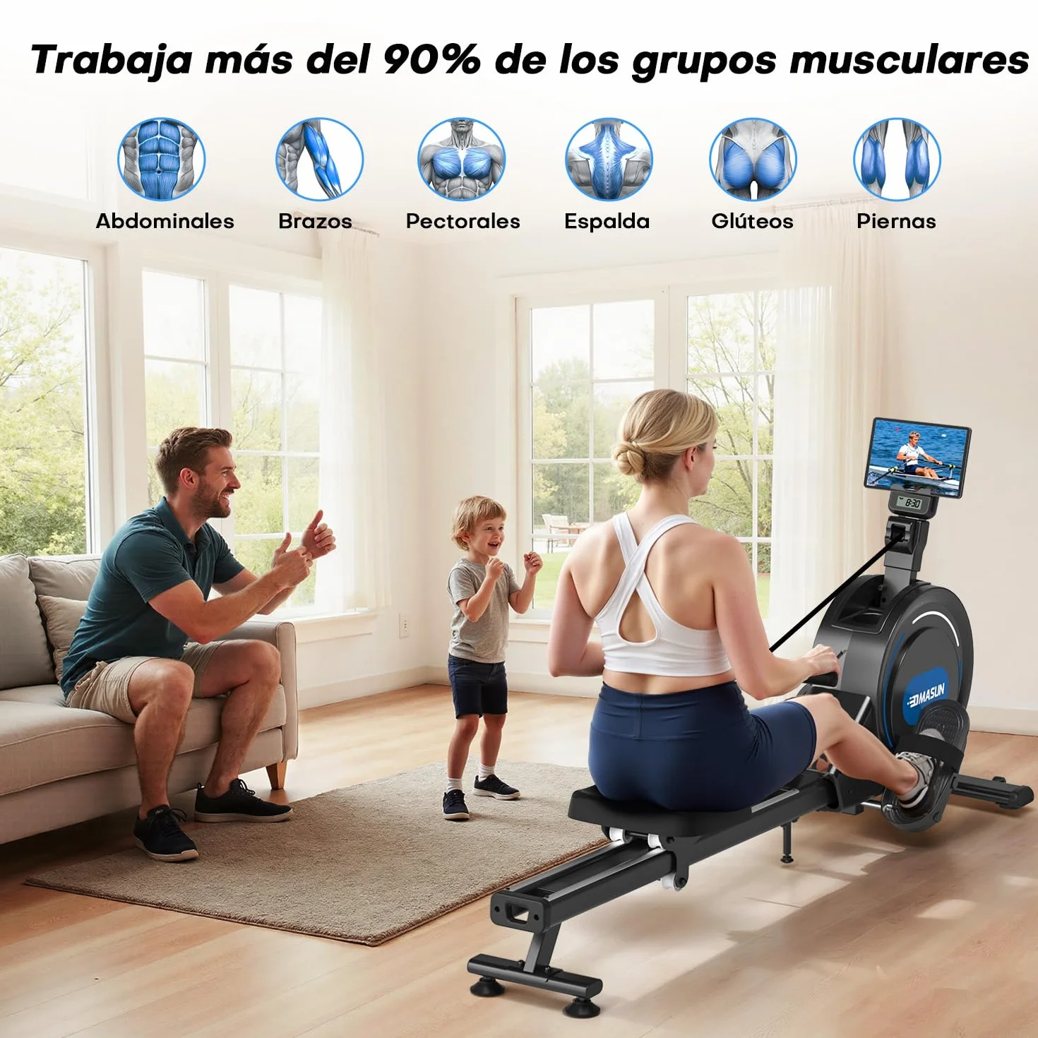 Máquina de Remo para Casa, 16/32 Niveles de Resistencia, Remo Magnético Silencioso con App Corriente Principal, Rieles Dobles Mejorados para Mayor Estabilidad + Negro + Azul