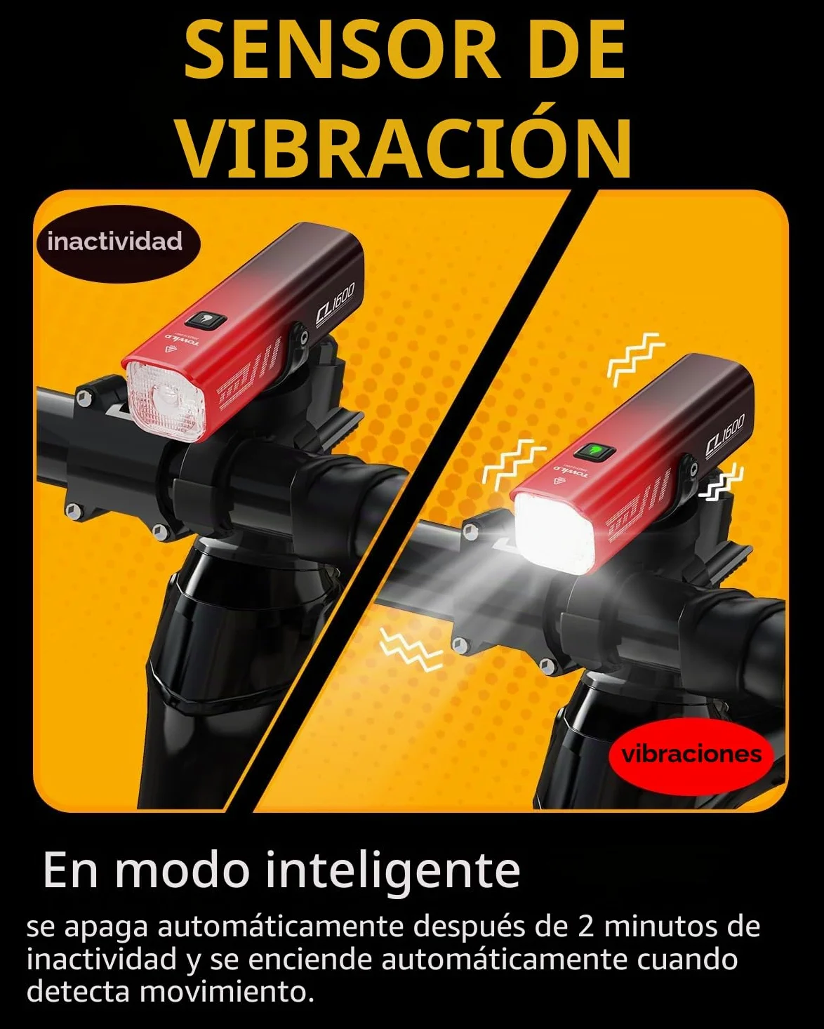TOWILD CL1600 Luz Bicicleta Inteligentes, 1600 Lumen 5000mAh Luces Delantera Tipo C Recargable Faro de Bicicleta para MTB/Bicicleta de Carretera,12 Horas de Duración,5 Modos Luz de Ciclismo