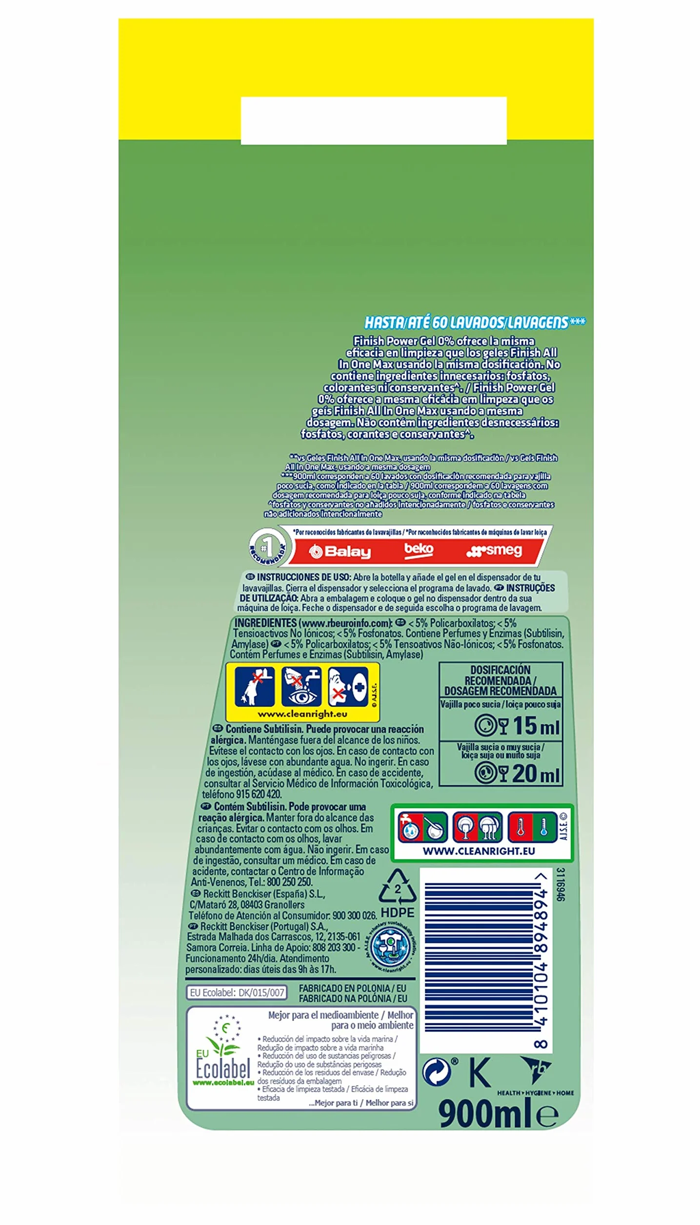 Finish Gel Detergente para Lavavajillas Ecológico 60 Dosis