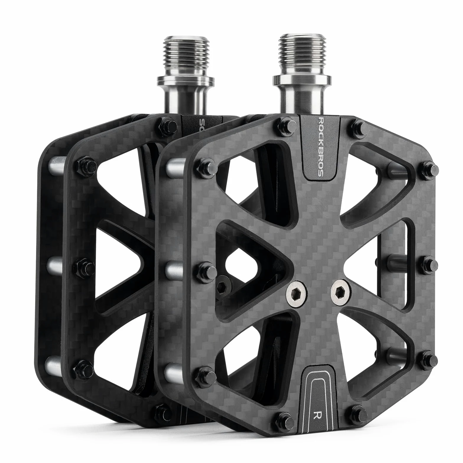 ROCKBROS Pedales Fibra Carbono de Bicicleta, Plataforma Planos Ultraligero y Anchos Antideslizantes 3 Rodamientos para Bicicleta de Carretera MTB