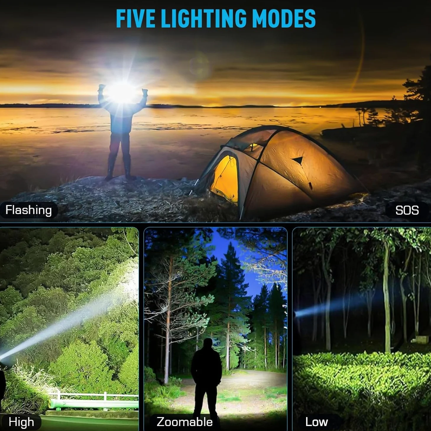 Faro delantero de 5000 lúmenes, LED recargable, faro con zoom con 5 modos y resistencia al agua IPX7, luces de cabeza ajustables de 120° para exteriores, camping, sombrero duro, caza, regalo del día