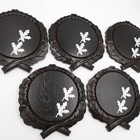 GTK - Juego de 5 placas cuña talladas oscuras AF 17,5 cm con 10 hojas de aluminio de roble, portada de cuñas, tabla de especias, cartel para trofeos