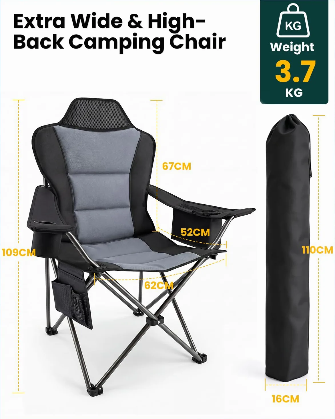 YEAUPE PRO Silla de Camping Plegable, Sillas de Pesca, hasta 150 kg, XL | Respaldo Alto, con Portavasos y Bolsa de Transporte, Silla Exterior para Camping, Playa, Jardín y Pesca