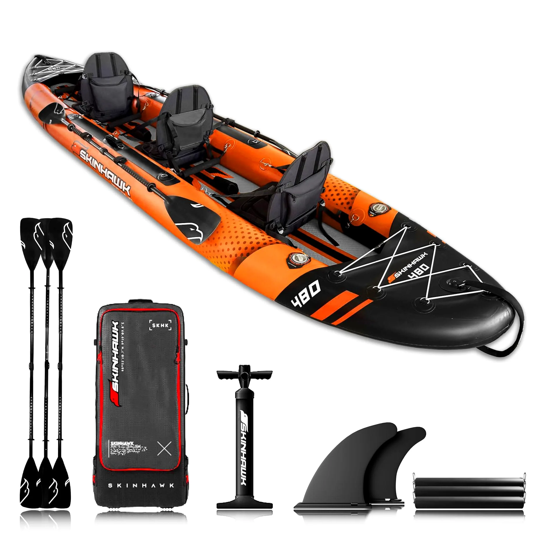 SKINHAWK Exclusiv Orange Kayak Set 480 – Barco inflable – Canoa – 480 x 96 cm – Kayak para 3 personas