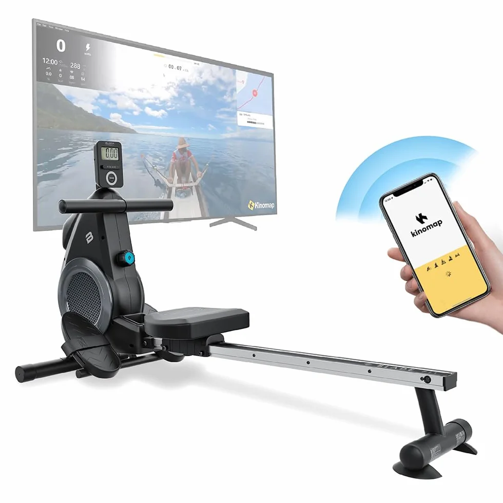 Máquina de Remo Blade FIT de Bluefin Fitness | Compatible con Kinomap | Máquinas de Remo para Casa/Plegable | Consola Digital LCD | App para Móvil | Máquina de Remo Plegable para Casa