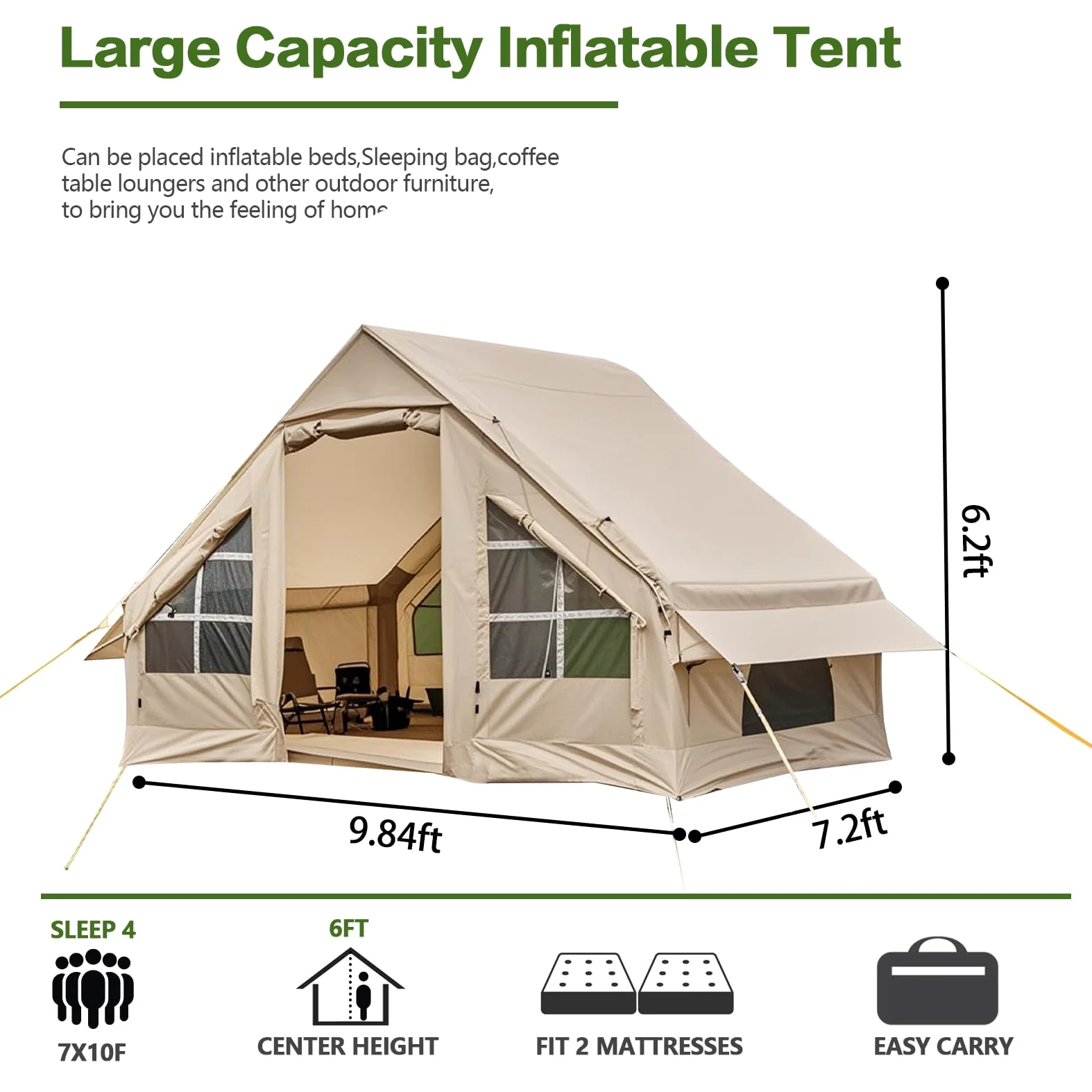 Tienda de campaña inflable para 2/4/6/8 personas, tiendas de campaña inflables para camping, actualización 2025, puerta con cremallera, fácil instalación, tienda de campaña inflable con mosquitera y