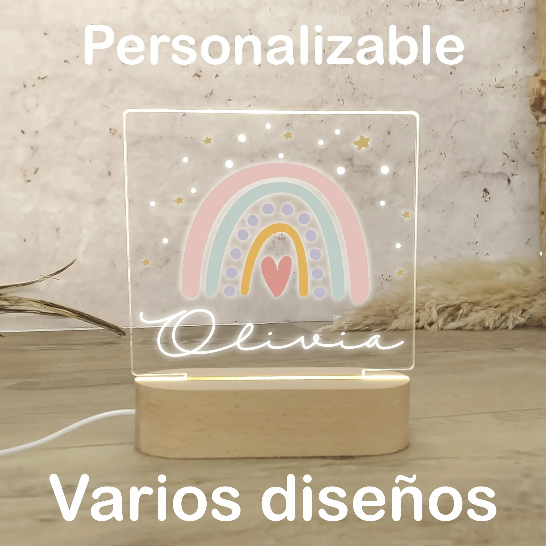 Lampara Quitamiedos Infantil Personalizada con Nombre Bebés Recien Nacidos de Metacrilato Acrilico Madera con Led Luz Nocturna Mesita Noche (Arcoiris)
