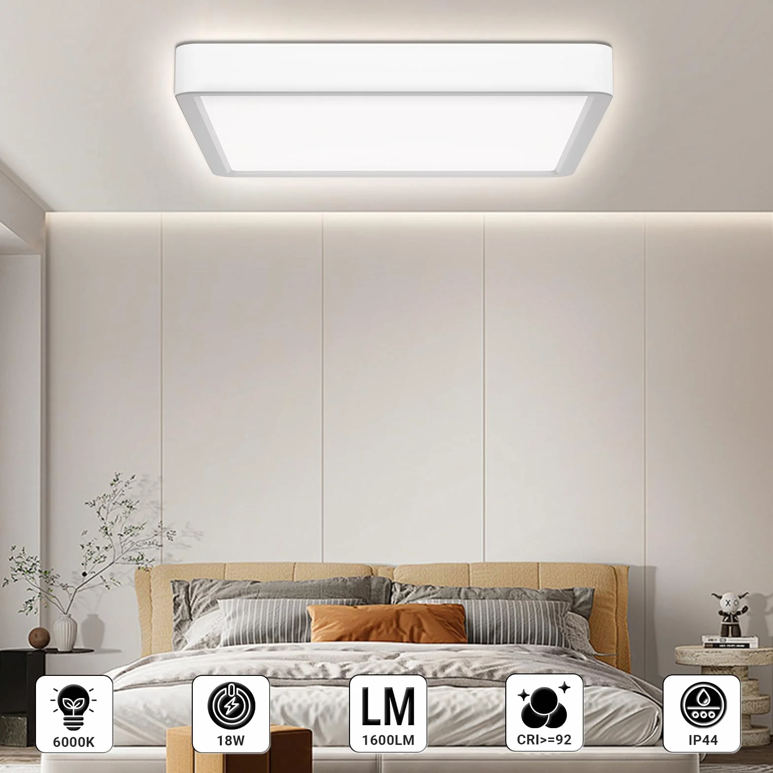 LQWELL Lámpara de Techo LED IP44 18W 6000K 1600LM Cuadrada Plana 220x24 mm
