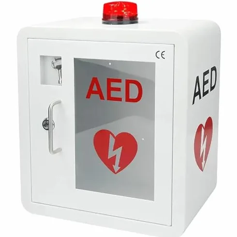 Armario desfibrilador AED montado en pared con luz y alarma para desfibrilación cardíaca