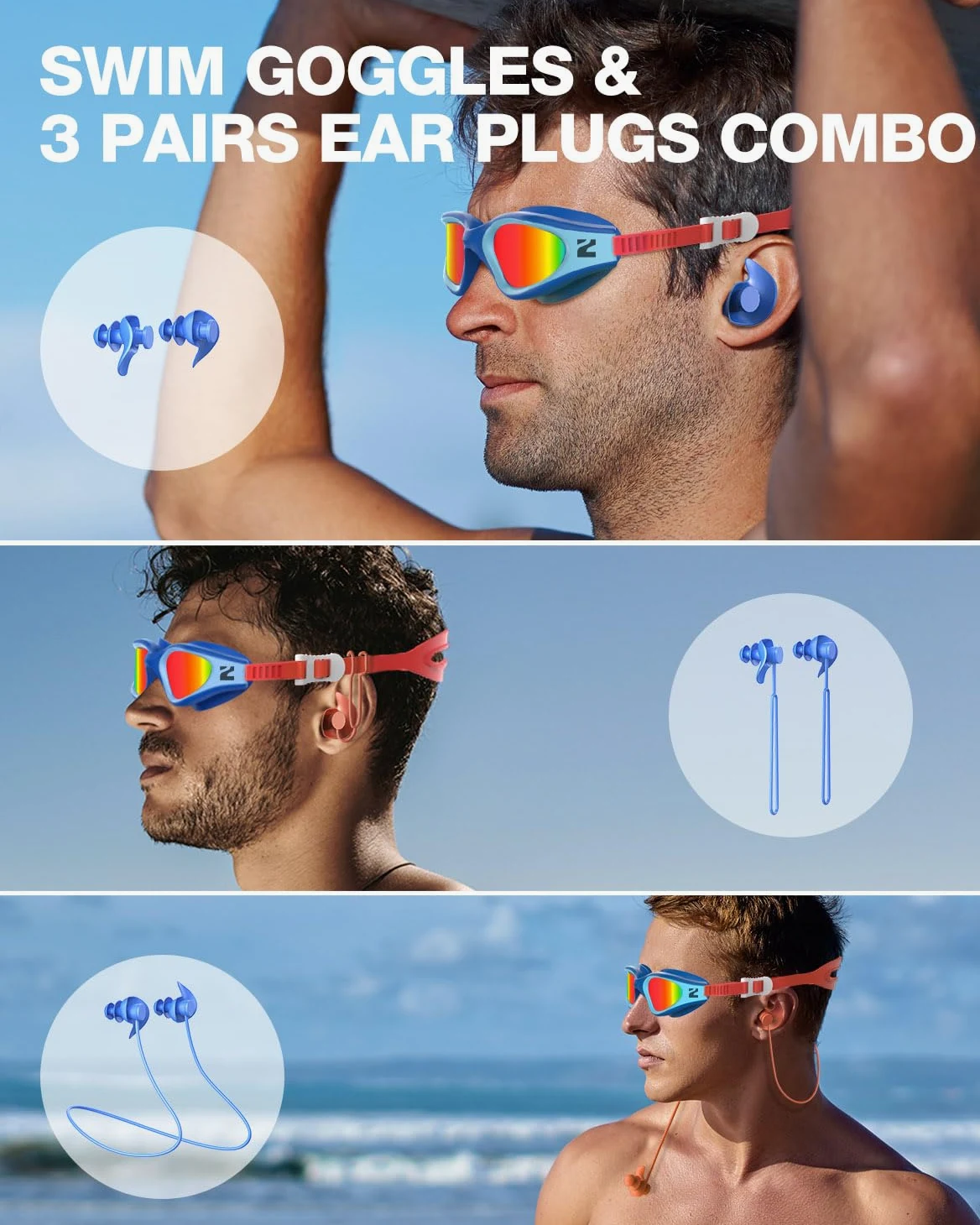 ZIONOR G1 Lite - Gafas de natación polarizadas con 3 pares de tapones para los oídos, protección UV antivaho, gafas de natación para adultos, hombres, mujeres y jóvenes