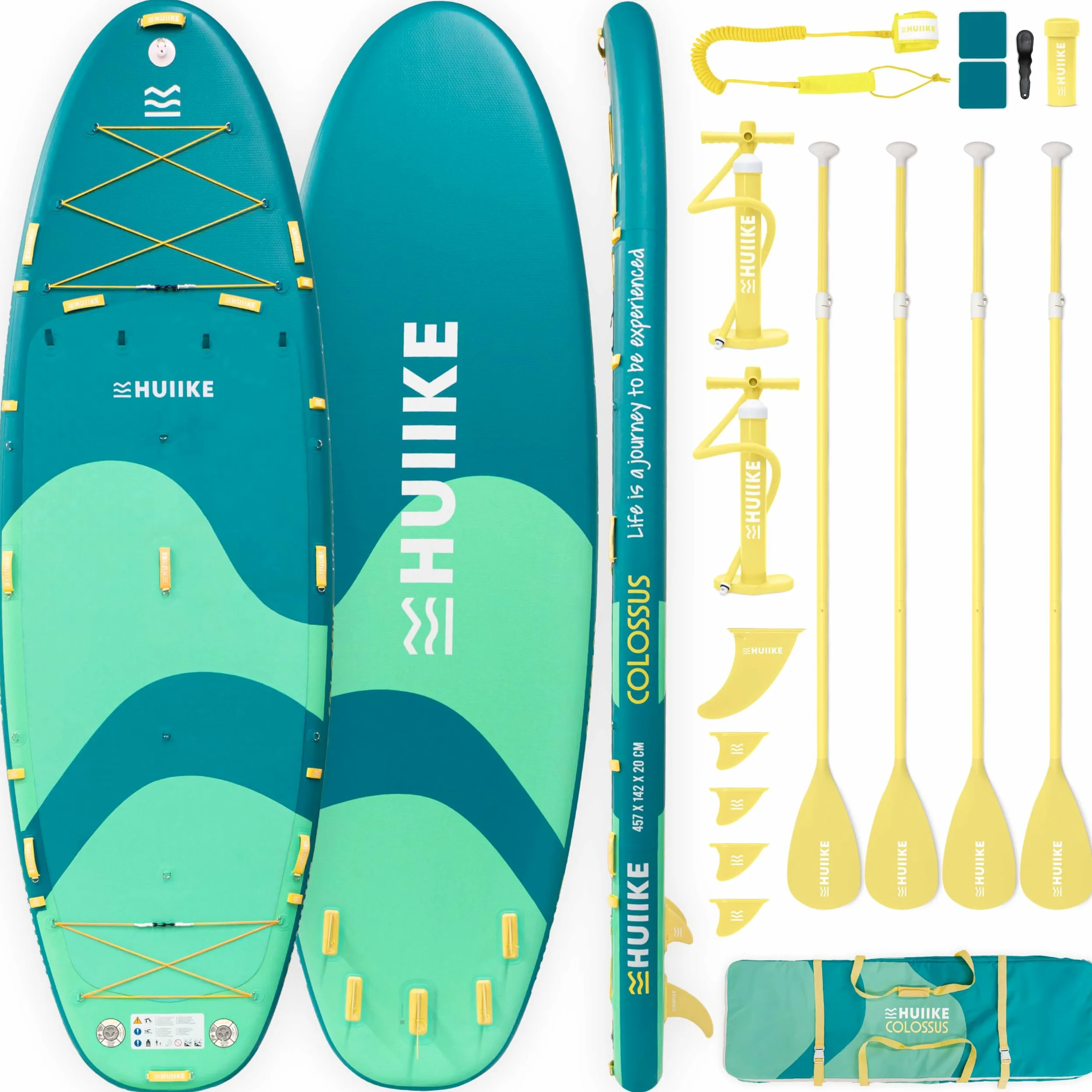 HUIIKE Tabla Paddle Surf Hinchable XXL 15' 4 Personas 480 kg con Accesorios | SUP Gigante con 4 Remos, 2 Infladores, 5 Quillas, Leash y Macuto. Stand Up Paddle Board Gran Estabilidad y Resistencia