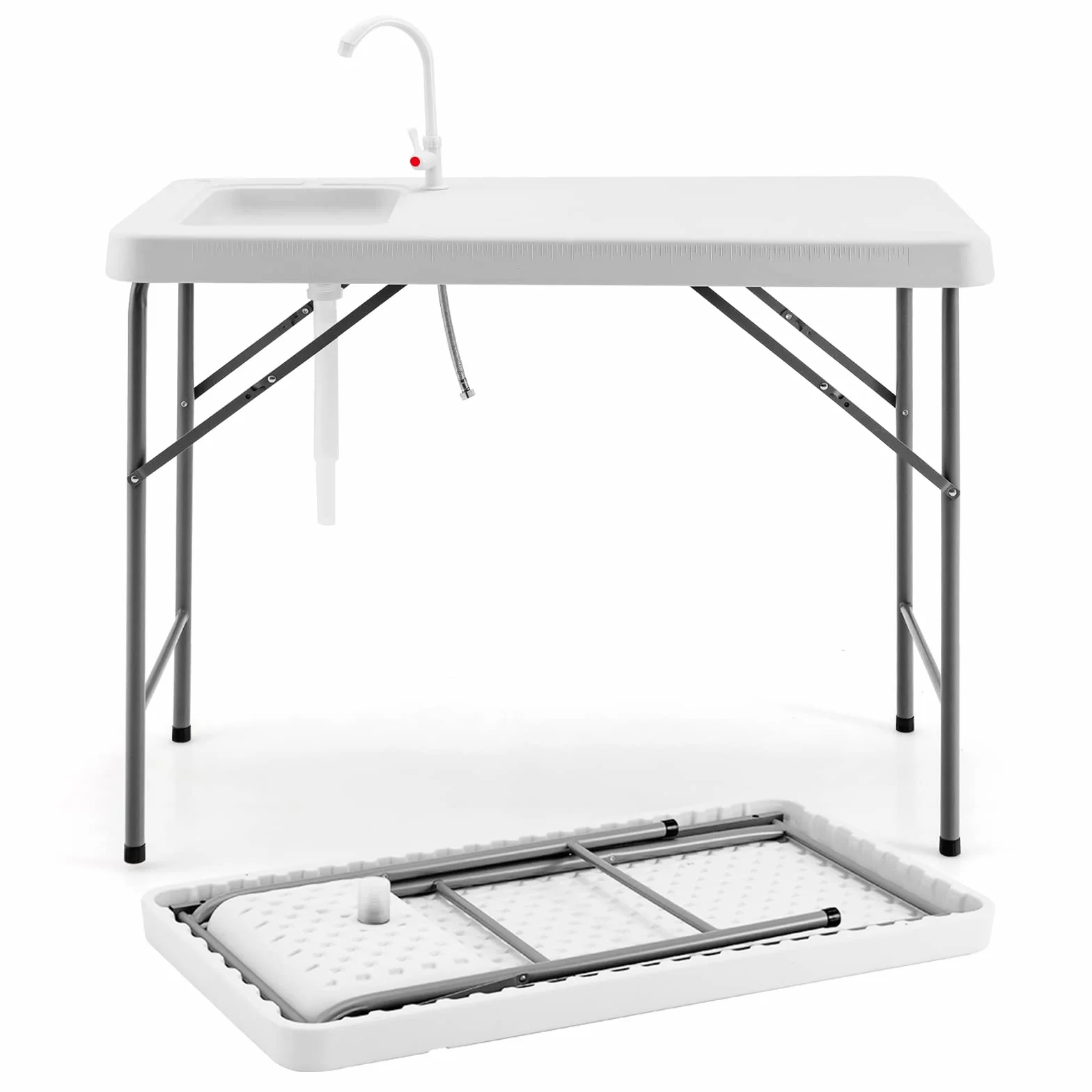 GYMAX Mesa de Camping con Fregadero y Grifo, Mesa de Fileteado, Mesa de Limpieza de Pescado, Plegable con Escala de Medición, Fregadero de Jardín, para Camping, Pesca