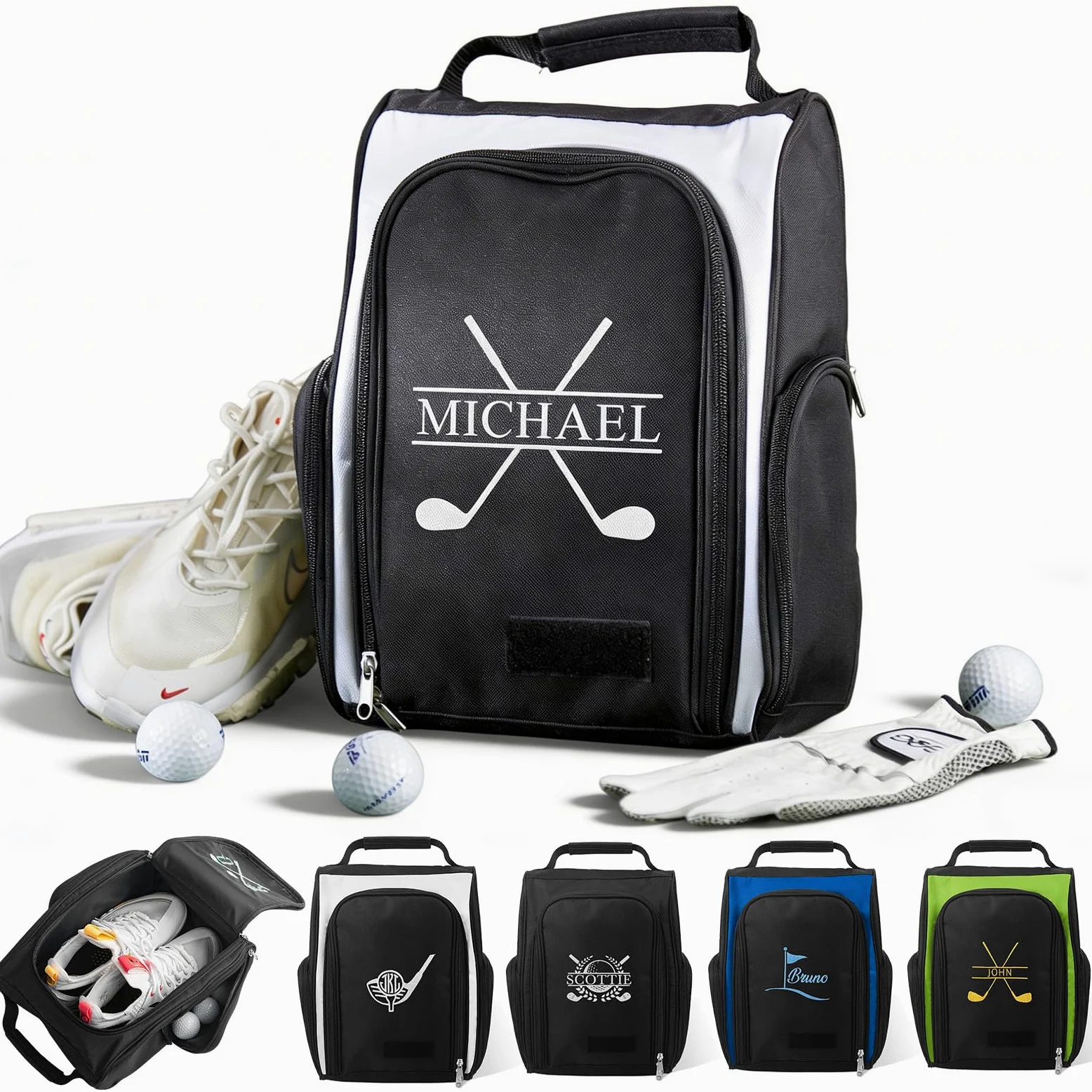 Bolsa de zapatos de golf personalizada, nombre o logotipo bordado personalizado, bolsa de transporte de zapatos con cremallera con asa, bolsillo exterior para guantes, camisetas, pelotas