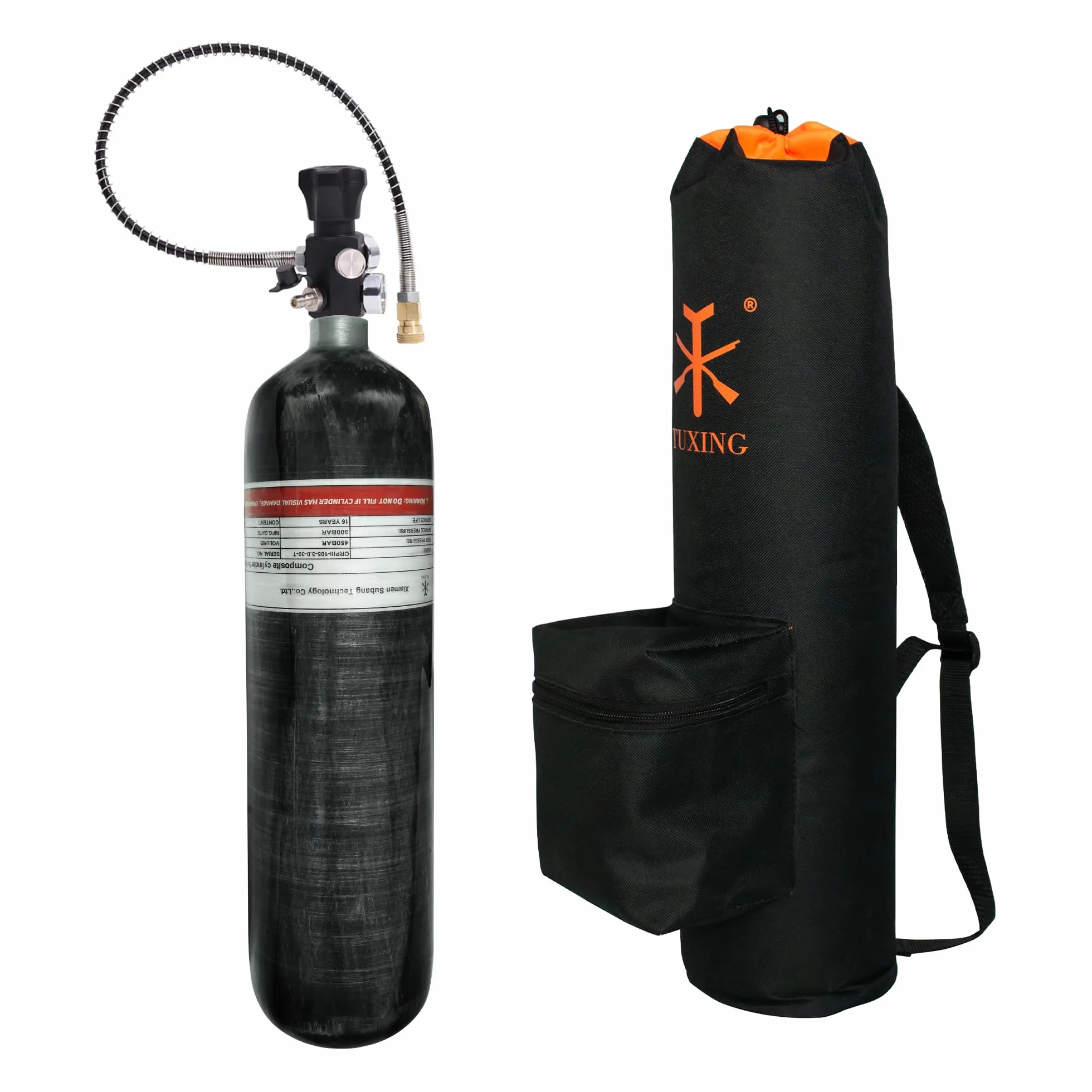 TUXING Depósito de Aire de Fibra de Carbono 3L 4500psi (Botella vacía) con Dos manómetros y Manguera de Alta presión de 24 Pulgadas, Bolsa
