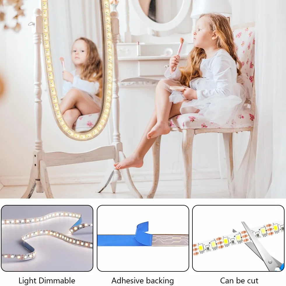 Luces LED de Espejo 2M, 3 Colores Ajustable Luz de Tocador, Lámpara para Maquillaje