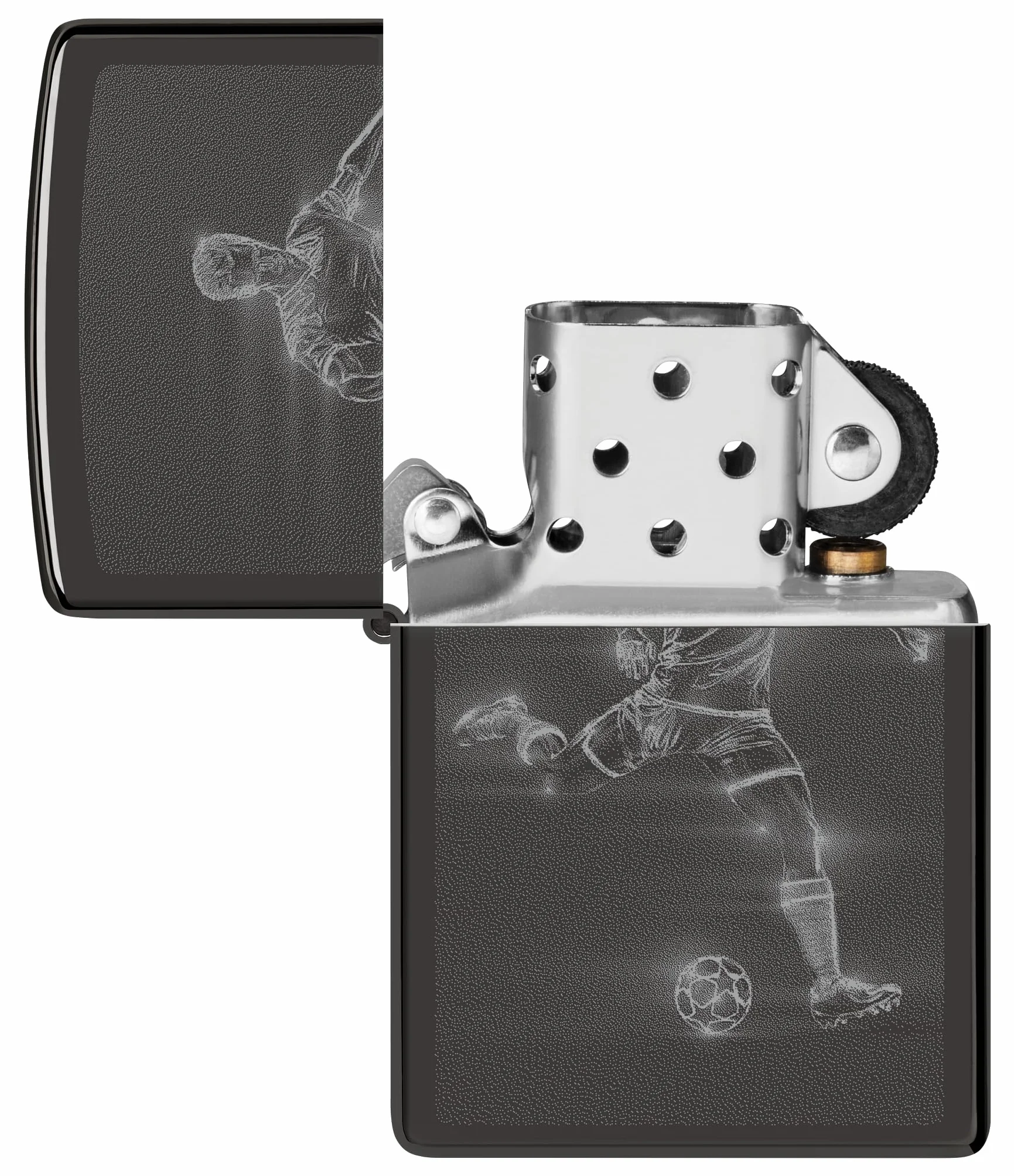 Zippo Encendedor a Prueba de Viento Recargable Reutilizable - Negro Alto Brillo - Diseño de Futbolista - Caja Regalo - Hecho en EE.UU.
