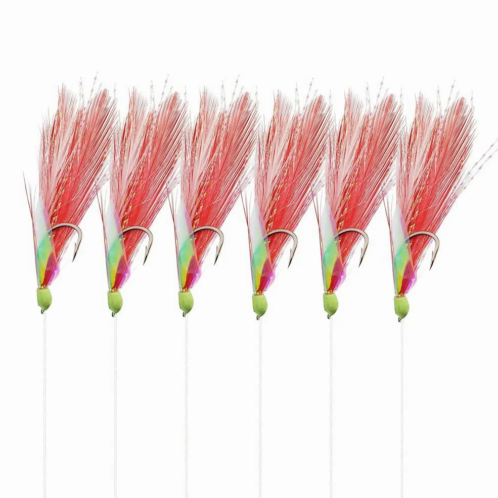 OceanCat 10 paquetes de 6 anzuelos de pesca de agua salada con plumas blancas y rojas, anzuelo de pesca de agua dulce, anzuelo para pesca 2/0#1/0#1#2#6#8#10#, 5#, Rojo