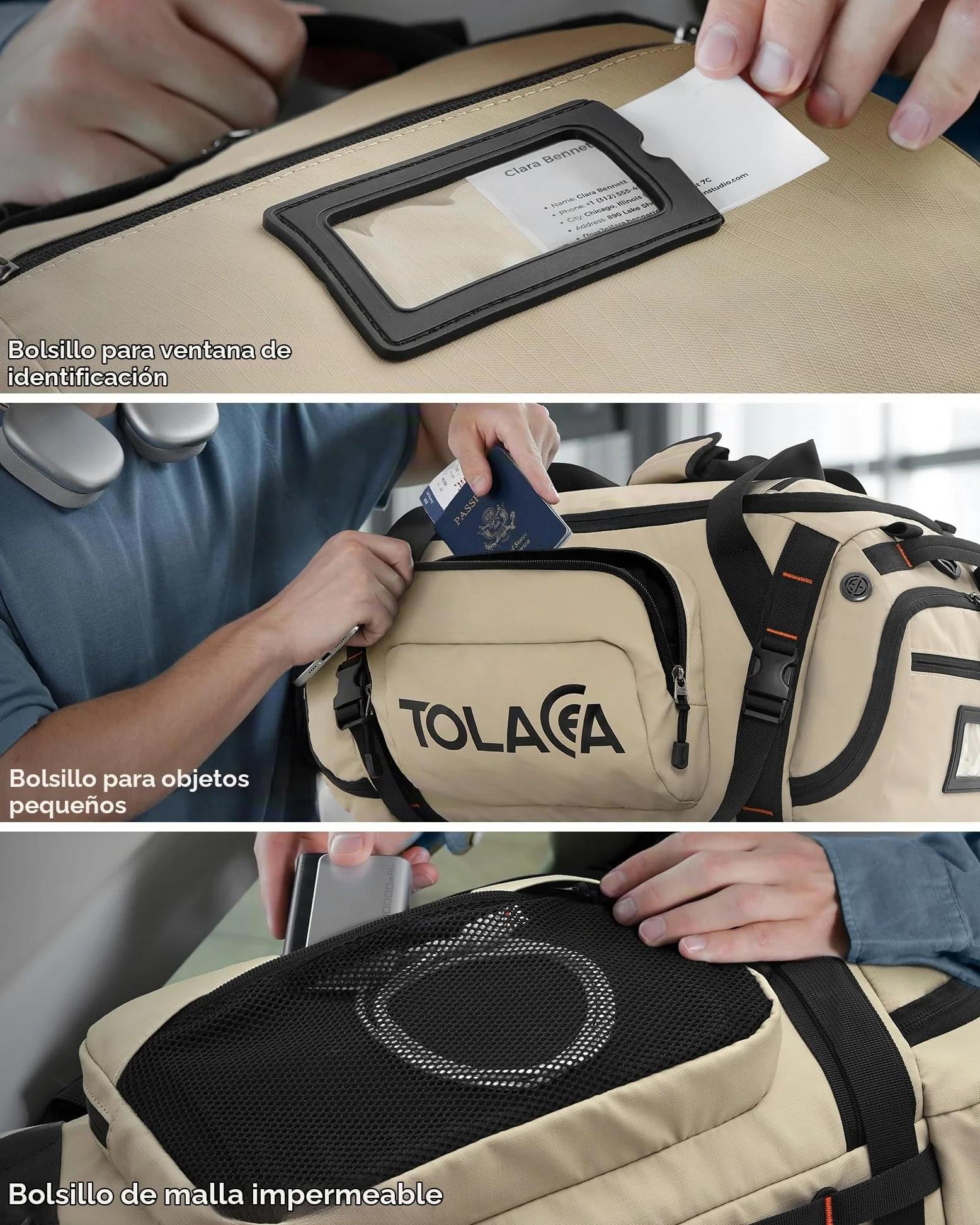 Tolaccea Bolsa de Deporte 40L para Hombres y Mujeres – Mochila de Viaje Convertible con Compartimento para Zapatos, Bolsillo Húmedo y Portátil 15,6"–Impermeable para Gimnasio, Fitness y Viajes (Kaki)