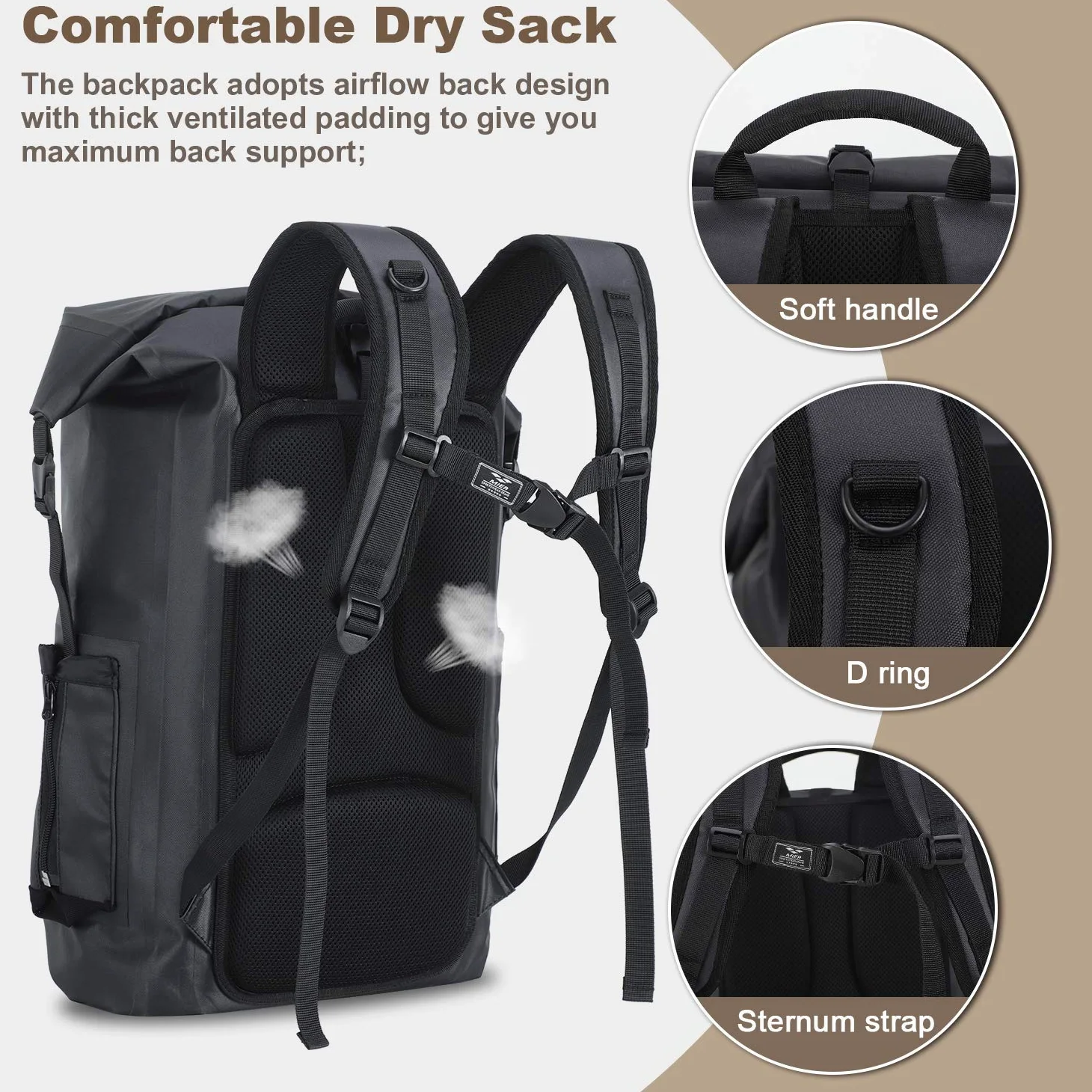 MIER Mochila Impermeable Dry Bag Resistente con Cierre Enrollable para Kayak, Playa, canotaje, natación, Surf, 30 L, Black, Bolsa Seca