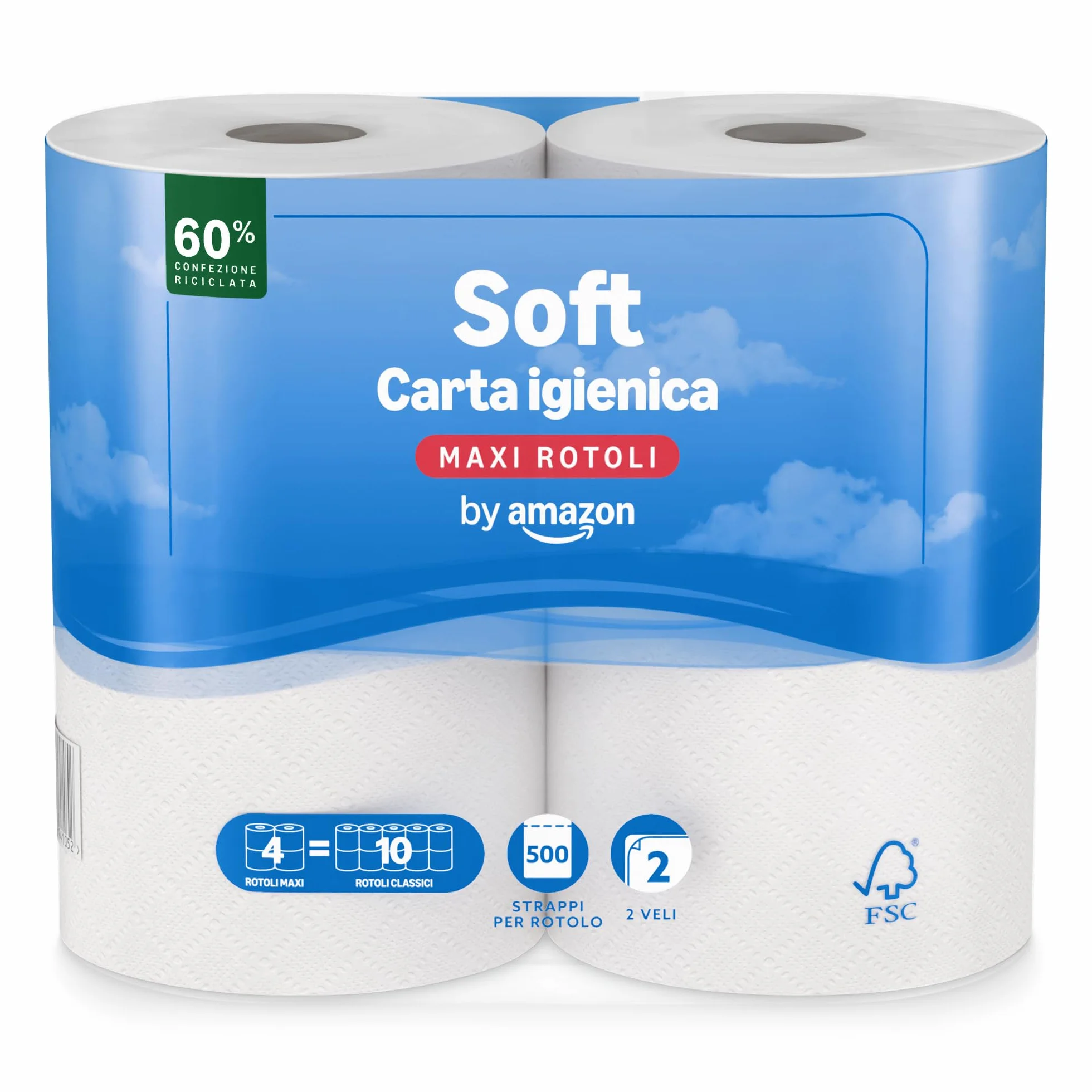 Amazon Papel higiénico Maxi Roll 2 capas 500 desgarros por rollo 4 rollos FSC