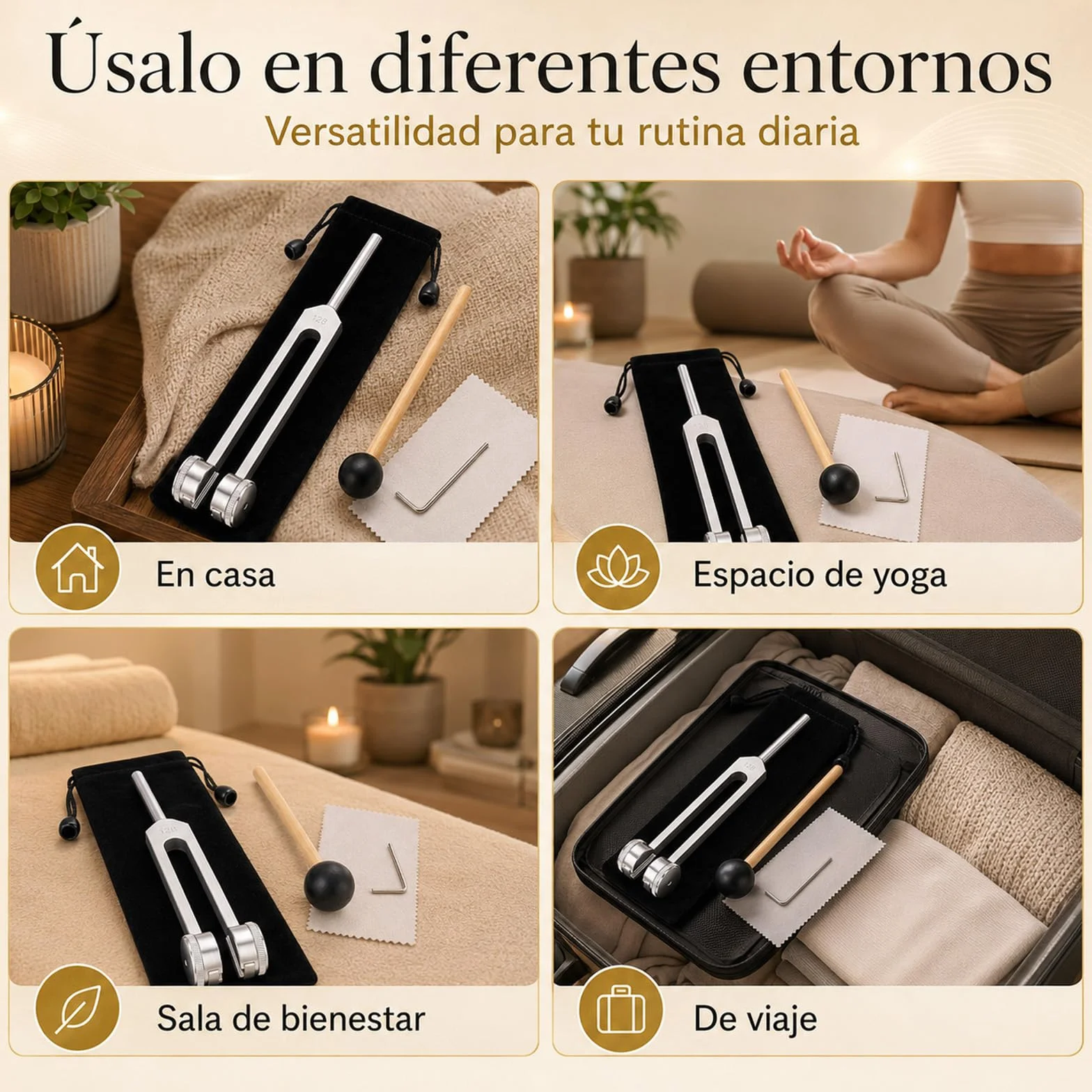 Aureva Lumyra Diapasón Terapéutico 128 Hz con Martillo de Goma, Bolsa y Paño para Meditación y Yoga