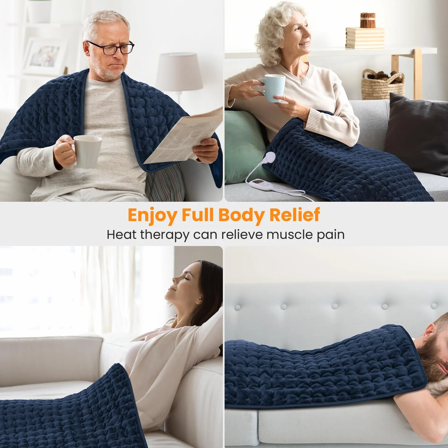 MYCARBON Manta Electrica 92x50cm 6 Temperaturas 4 Temporizadores Almohadilla Electrica para Aliviar el Dolor de Espalda Cuello Hombros Abdomen Piernas Brazos Tejidos Dobles Caras Lavable (Azul Oscuro)