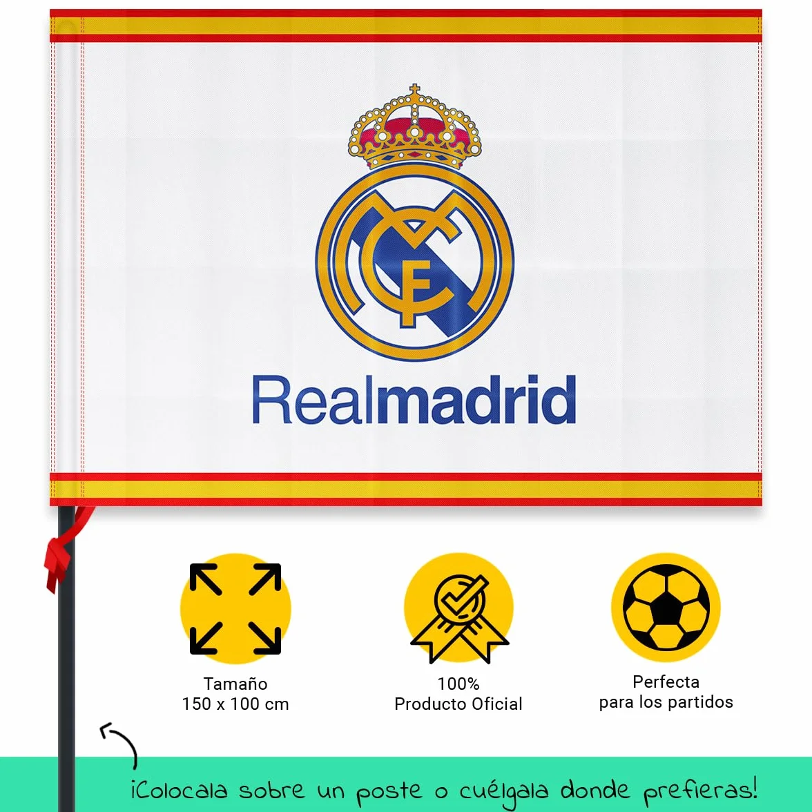 Bandera oficial del Real Madrid Club de Fútbol + Llavero 15 Champios | 150 x 100 cm - Escudo del Real Madrid y borde con colores de España | Producto Oficial